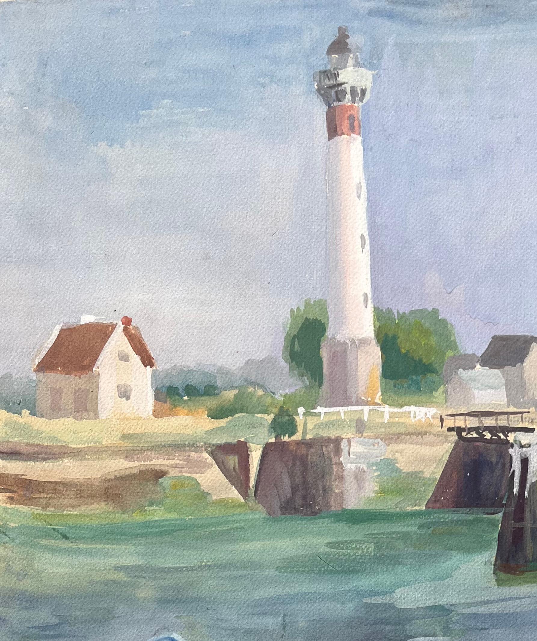 Scena portuale post-impressionista della metà del XX secolo con barche e faro - Painting Postimpressionismo di Anne Marie Migette Perard