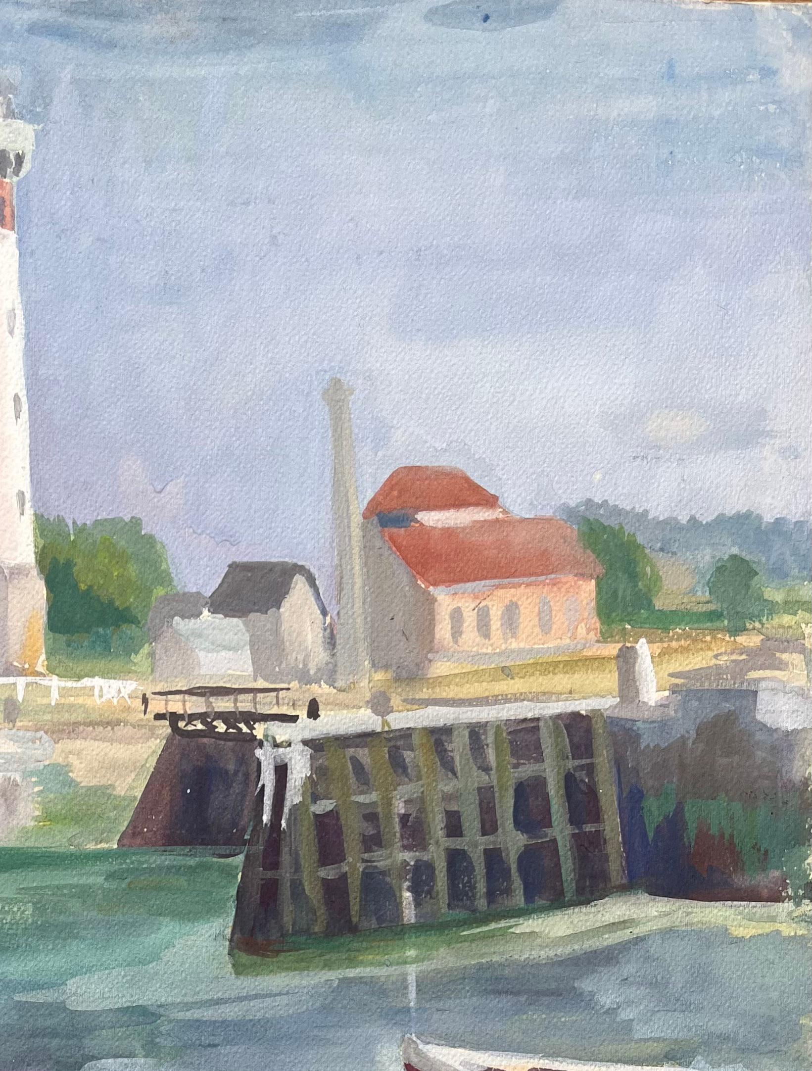 Scena portuale post-impressionista della metà del XX secolo con barche e faro - Landscape Painting Grigio di Anne Marie Migette Perard