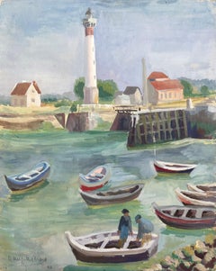 Escena portuaria postimpresionista de mediados del siglo XX con barcos y faro