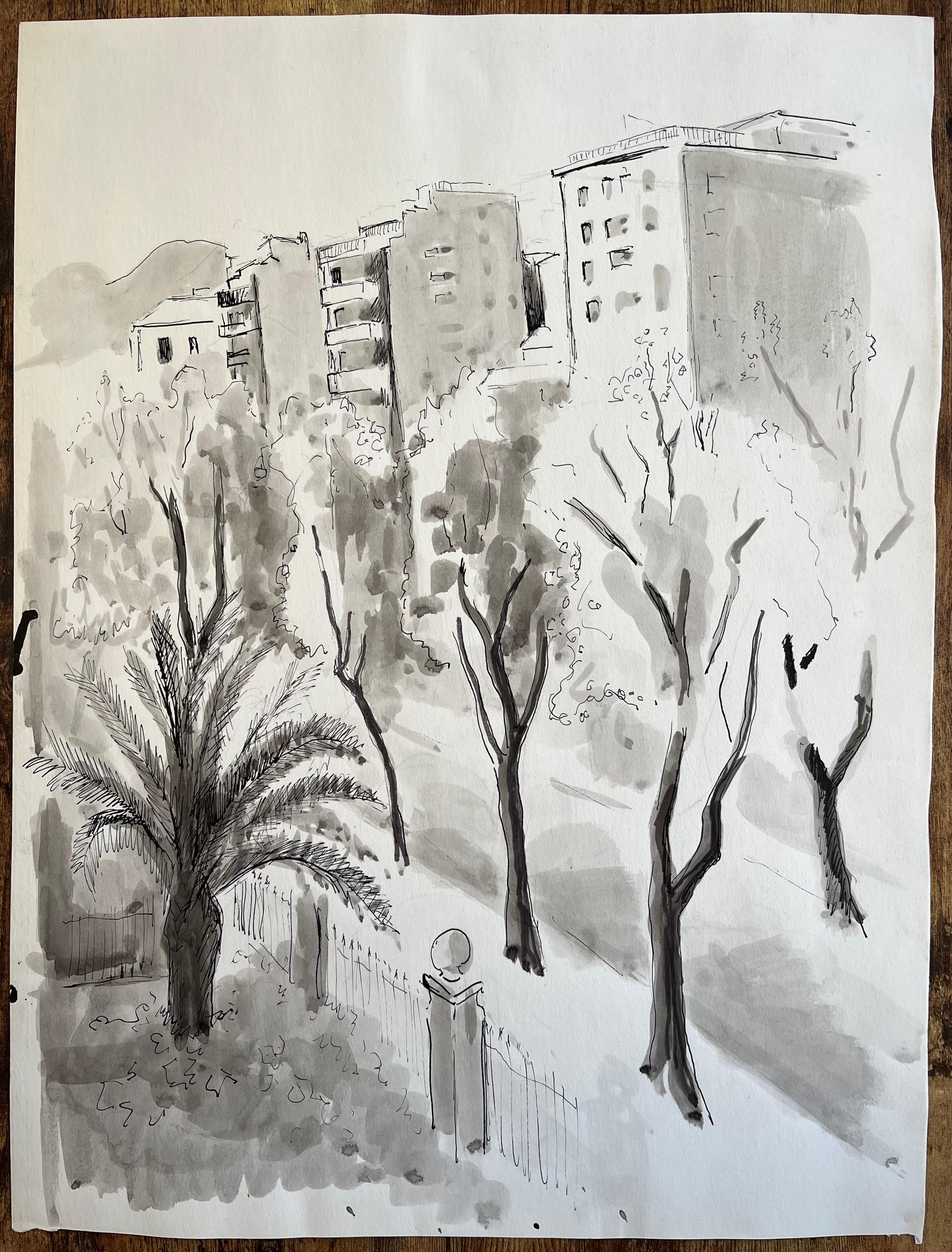Paesaggio urbano post-impressionista della metà del XX secolo con palma e inchiostro - Painting di Anne Marie Migette Perard