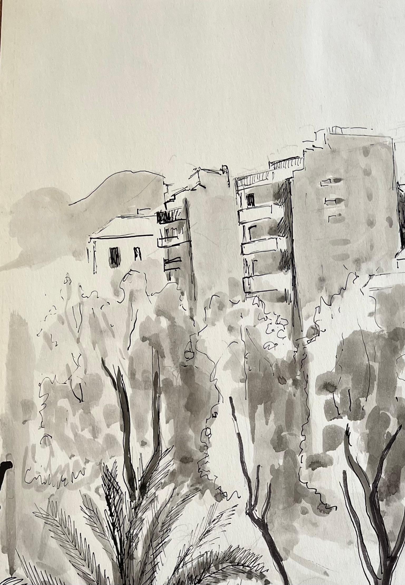 Paesaggio urbano post-impressionista della metà del XX secolo con palma e inchiostro - Painting Postimpressionismo di Anne Marie Migette Perard