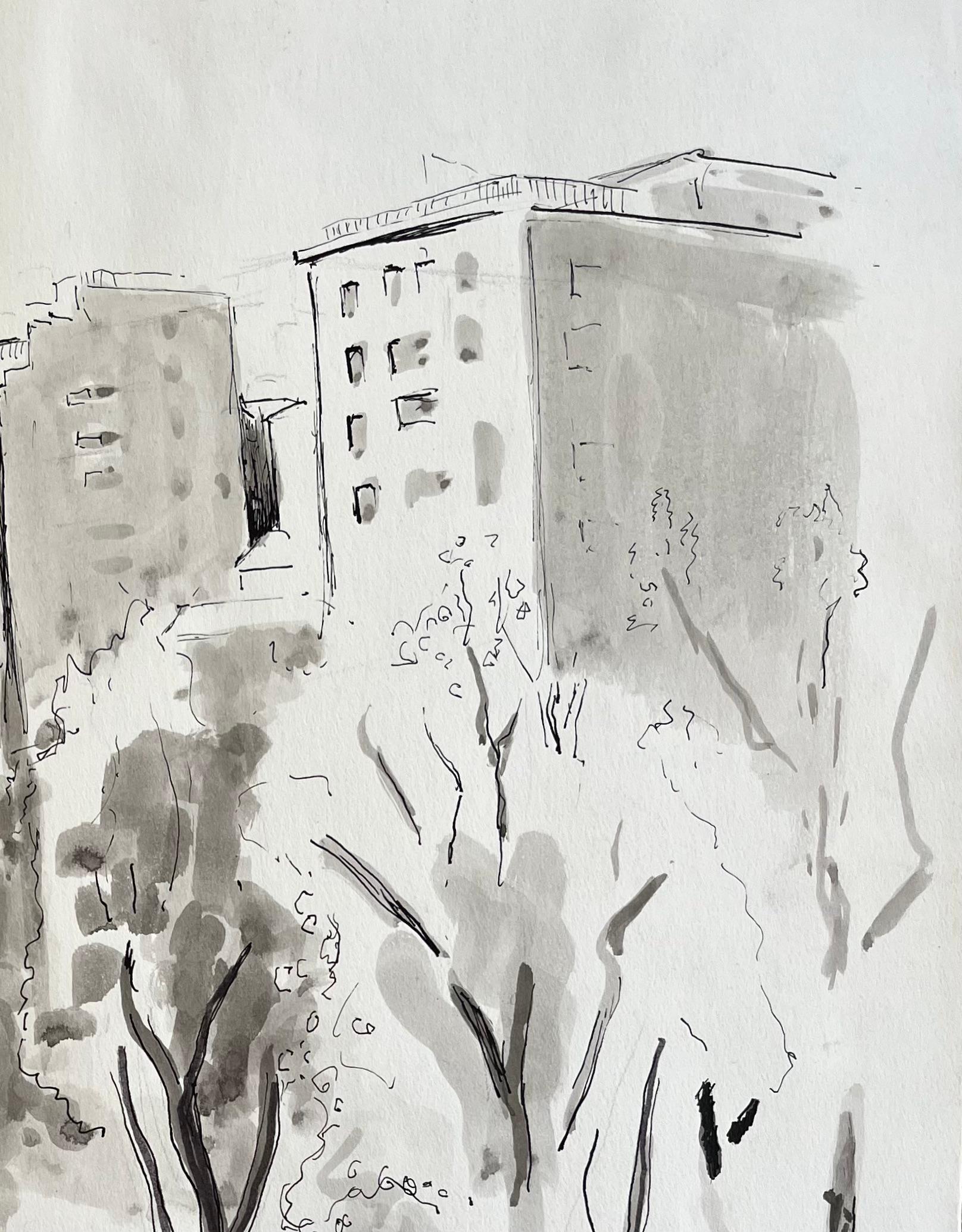 Paesaggio urbano post-impressionista della metà del XX secolo con palma e inchiostro - Figurative Painting Grigio di Anne Marie Migette Perard
