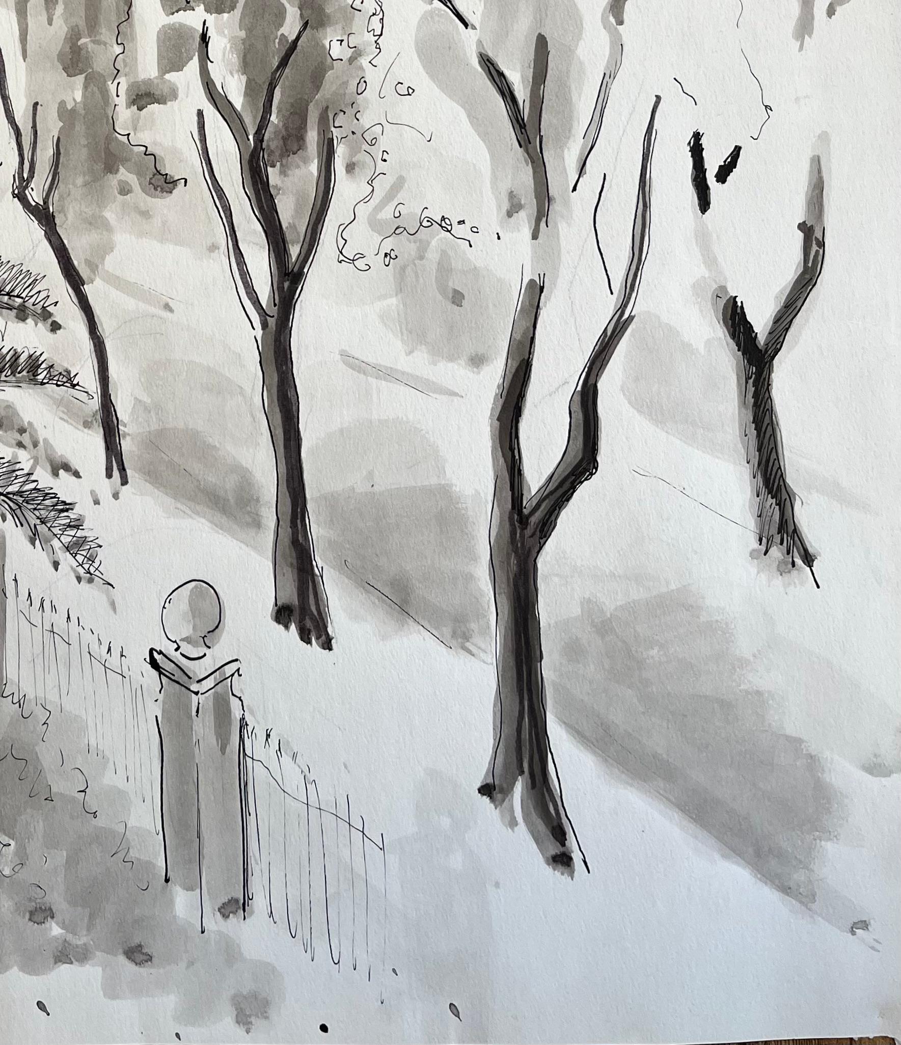 Paesaggio urbano post-impressionista della metà del XX secolo con palma e inchiostro in vendita 1