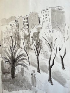 Mid-20th Century Post-Impressionist Ink and Wash Cityscape with Palm Tree