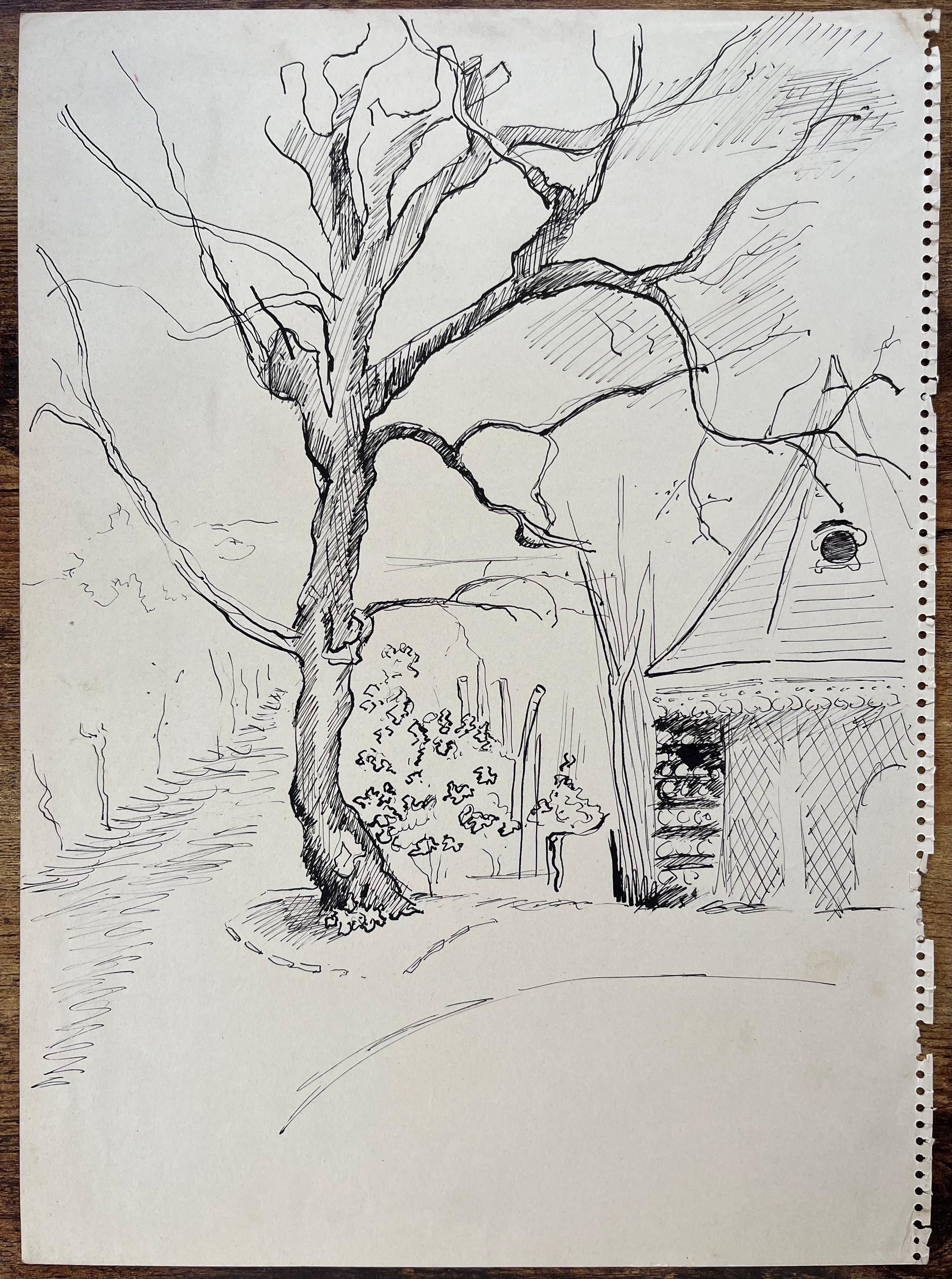 Dibujo postimpresionista a tinta de mediados del siglo XX de un pabellón y un árbol del palomar - Painting de Anne Marie Migette Perard