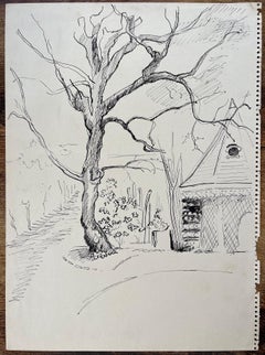 Disegno a inchiostro post-impressionista della metà del XX secolo di un padiglione e di un albero di Dovecote