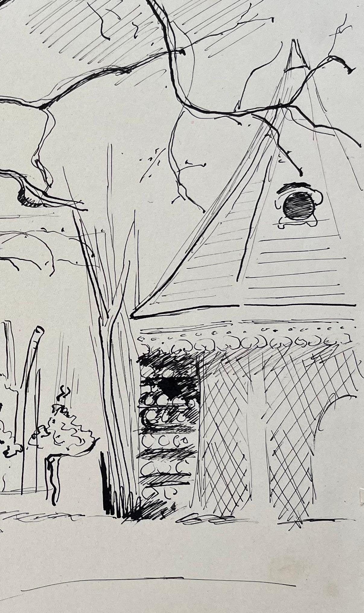 Dibujo postimpresionista a tinta de mediados del siglo XX de un pabellón y un árbol del palomar - Painting Posimpresionista de Anne Marie Migette Perard