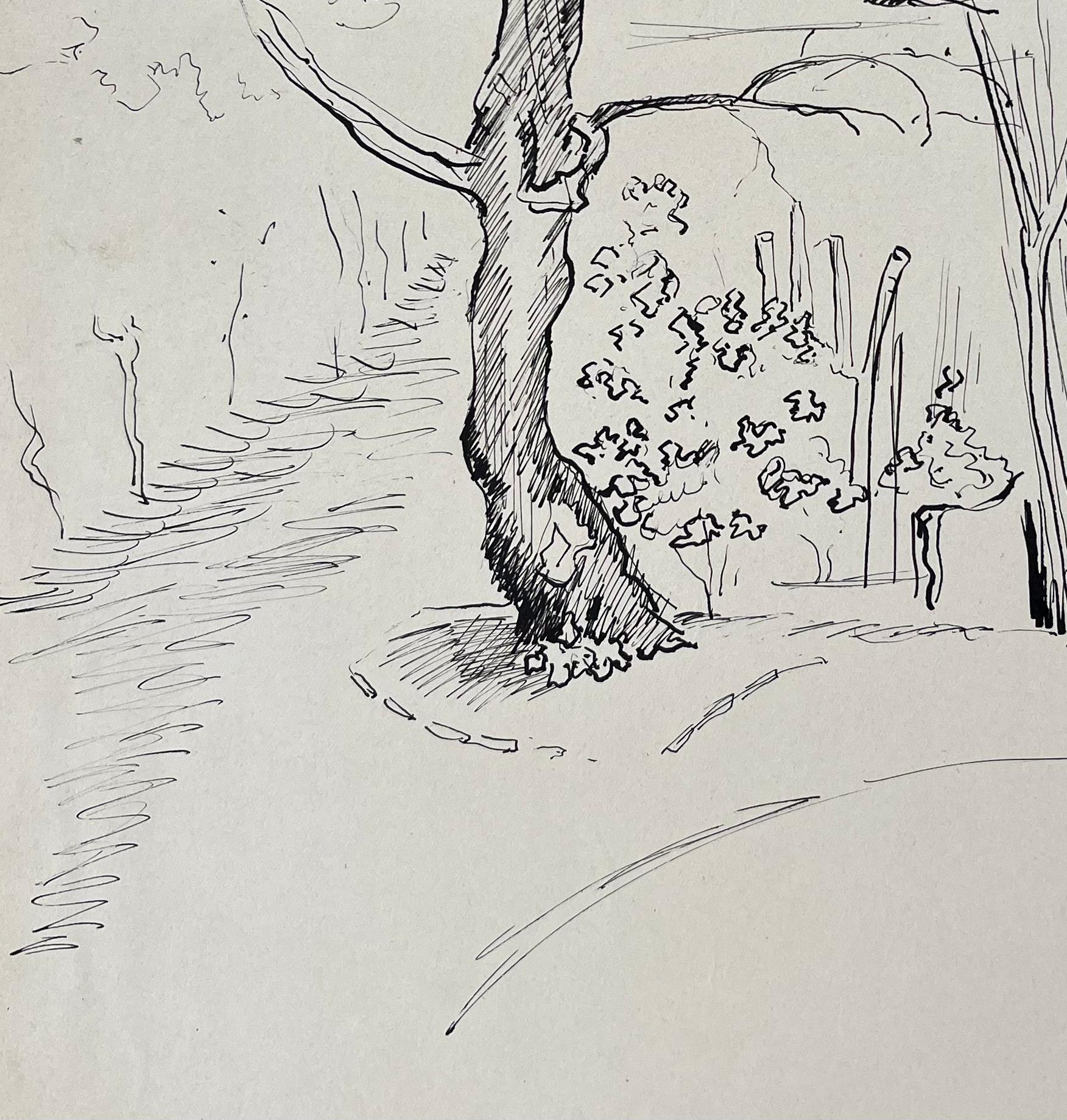 Dibujo postimpresionista a tinta de mediados del siglo XX de un pabellón y un árbol del palomar - Landscape Painting Gris de Anne Marie Migette Perard