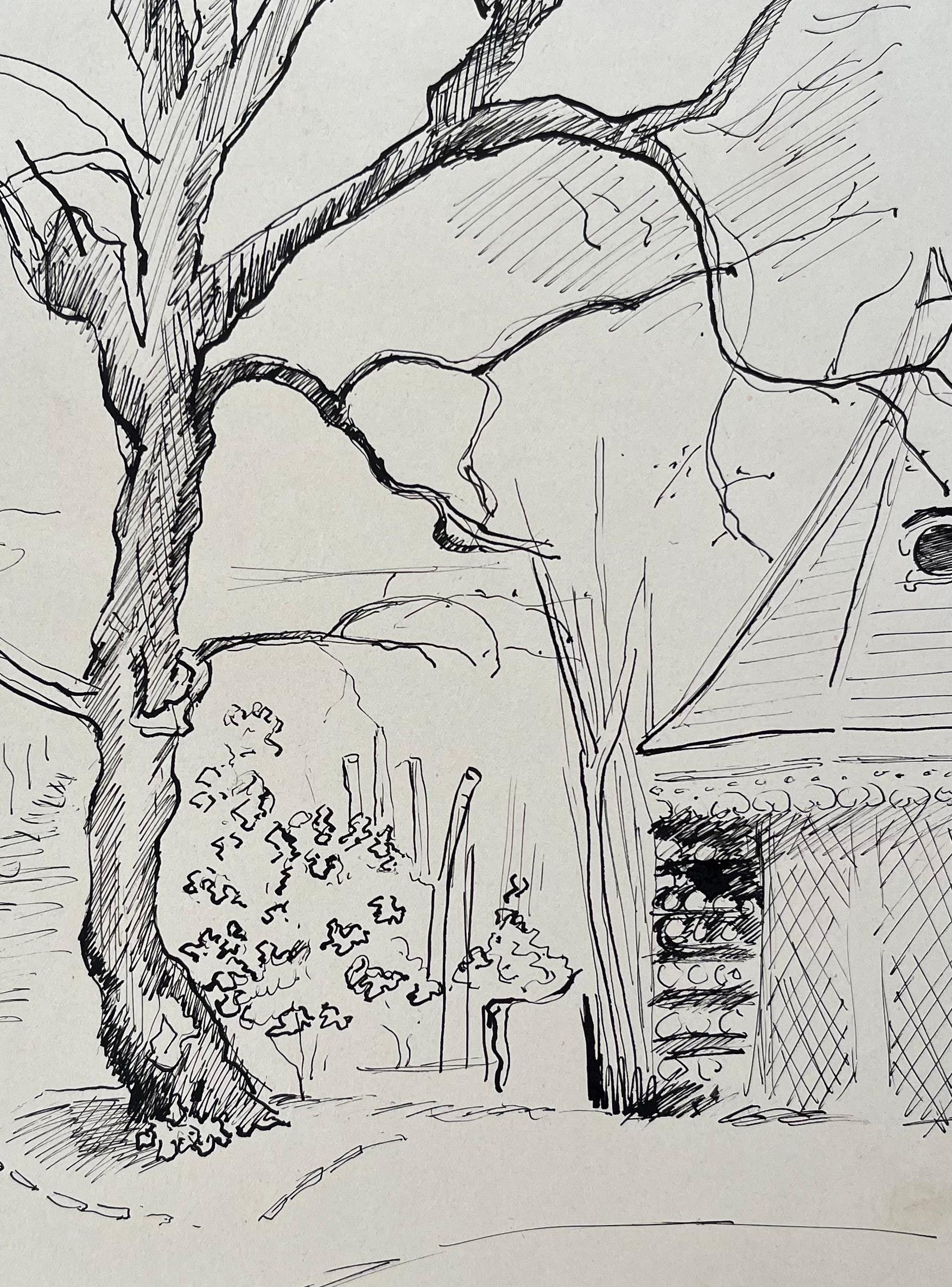 Dibujo postimpresionista a tinta de mediados del siglo XX de un pabellón y un árbol del palomar en venta 2