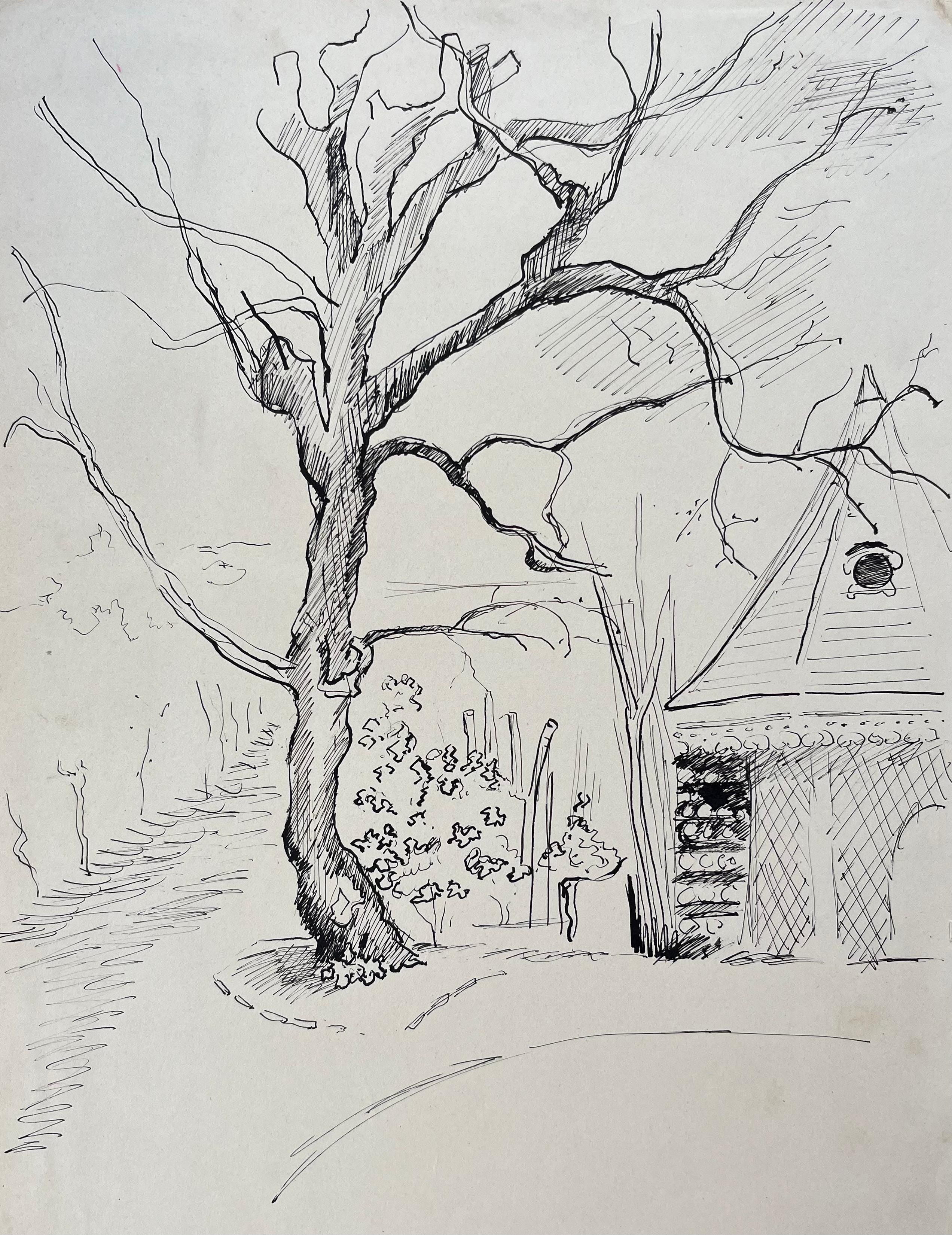 Mitte des 20. Jahrhunderts Postimpressionistische Tuschezeichnung von Dovecote Pavillon und Baum