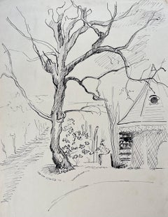 Mitte des 20. Jahrhunderts Postimpressionistische Tuschezeichnung von Dovecote Pavillon und Baum