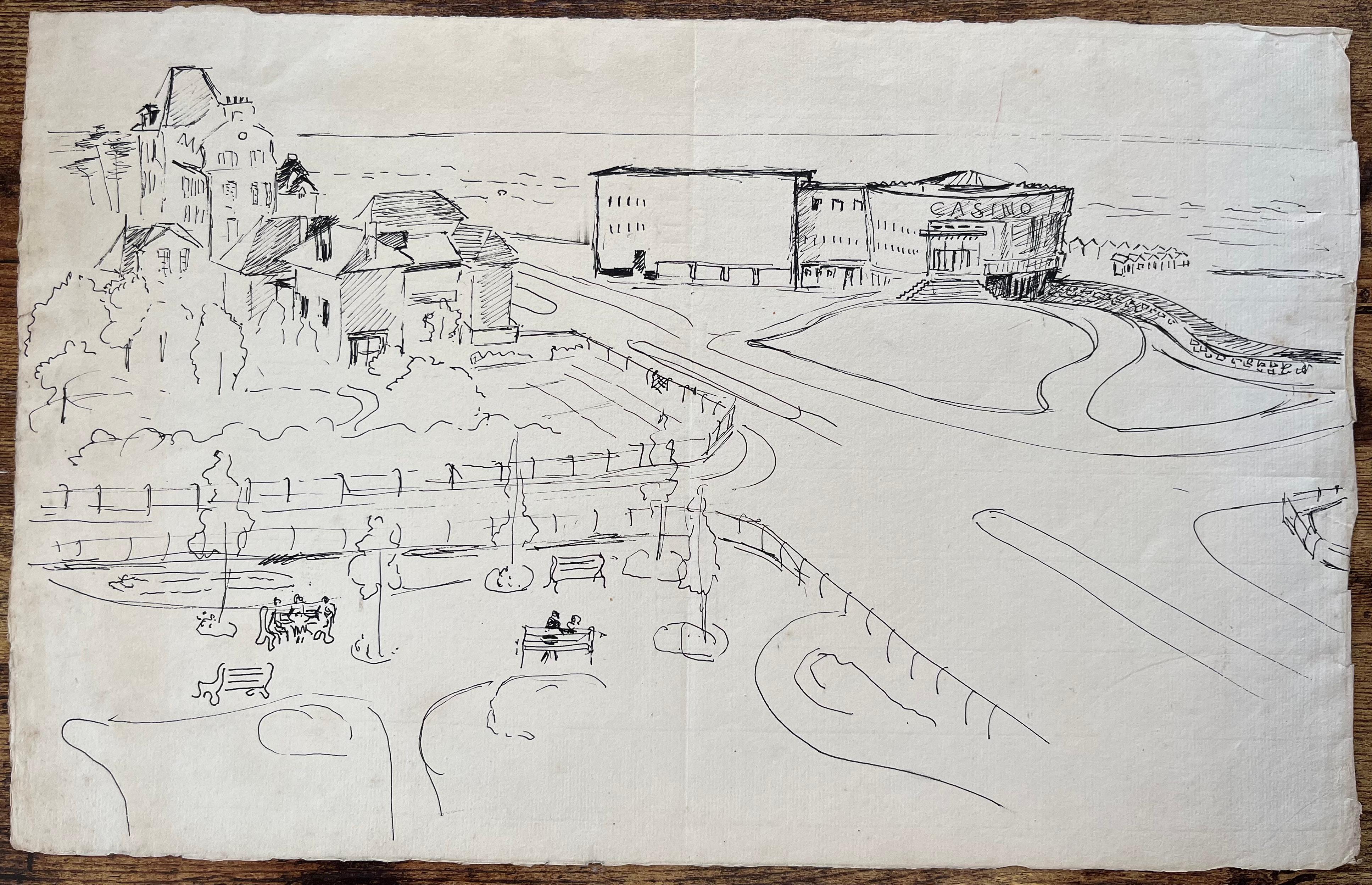 Dibujo en tinta postimpresionista de mediados del siglo XX de un paseo marítimo y un casino franceses - Painting de Anne Marie Migette Perard