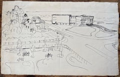 Mid-20th Century Post-Impressionist Ink Drawing of French Seafront and Casino