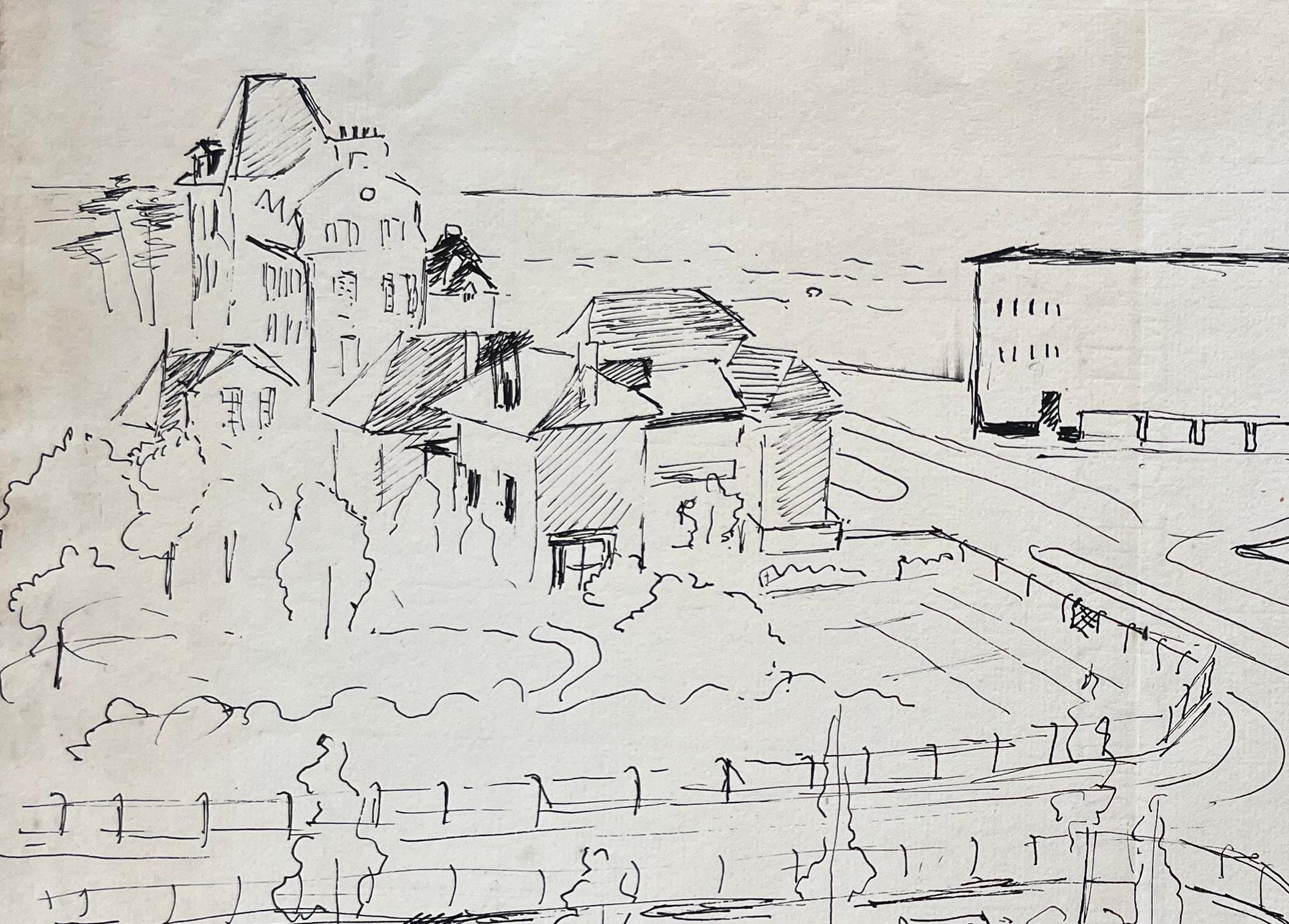 Dibujo en tinta postimpresionista de mediados del siglo XX de un paseo marítimo y un casino franceses - Painting Posimpresionista de Anne Marie Migette Perard