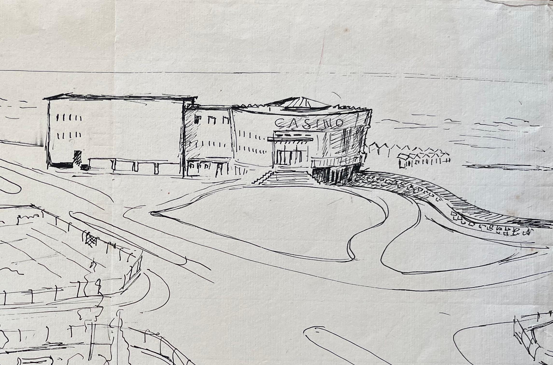 Dibujo en tinta postimpresionista de mediados del siglo XX de un paseo marítimo y un casino franceses - Landscape Painting Gris de Anne Marie Migette Perard
