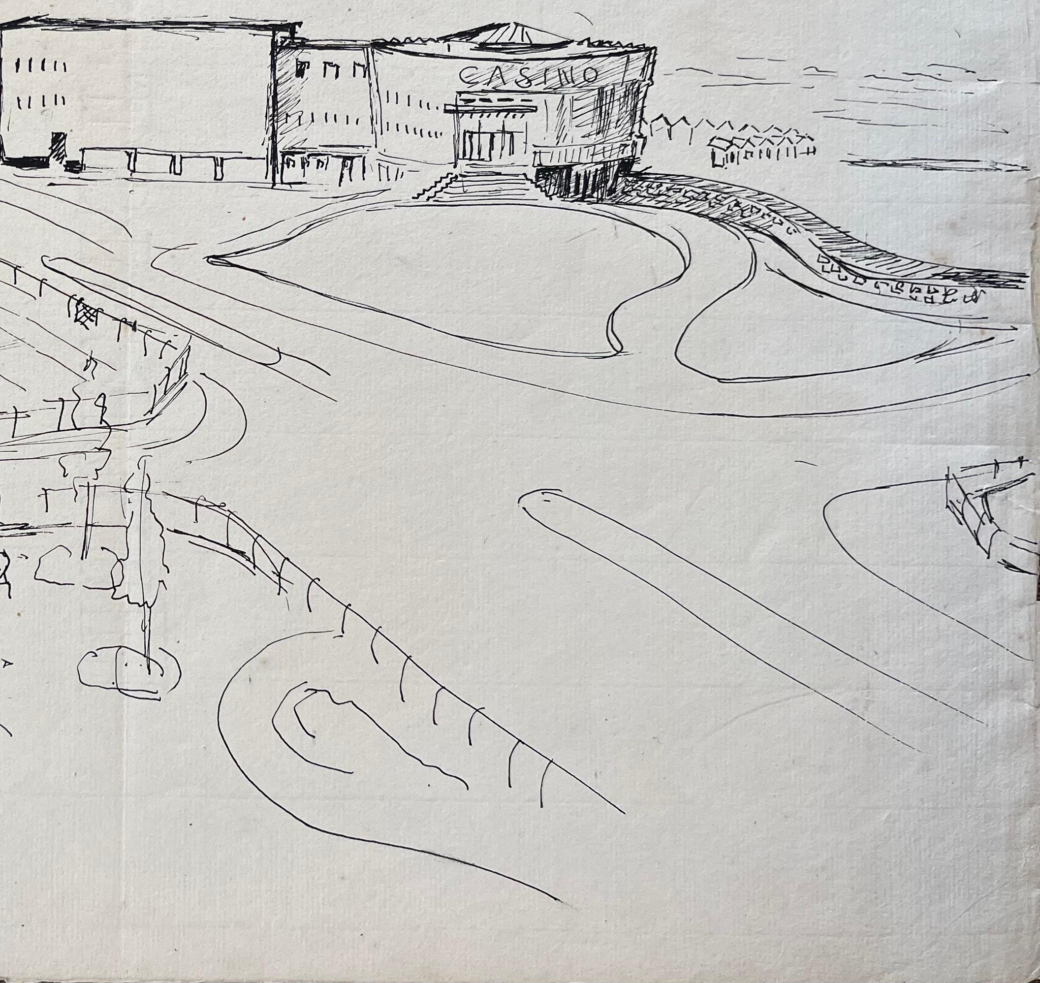 Dibujo en tinta postimpresionista de mediados del siglo XX de un paseo marítimo y un casino franceses en venta 1