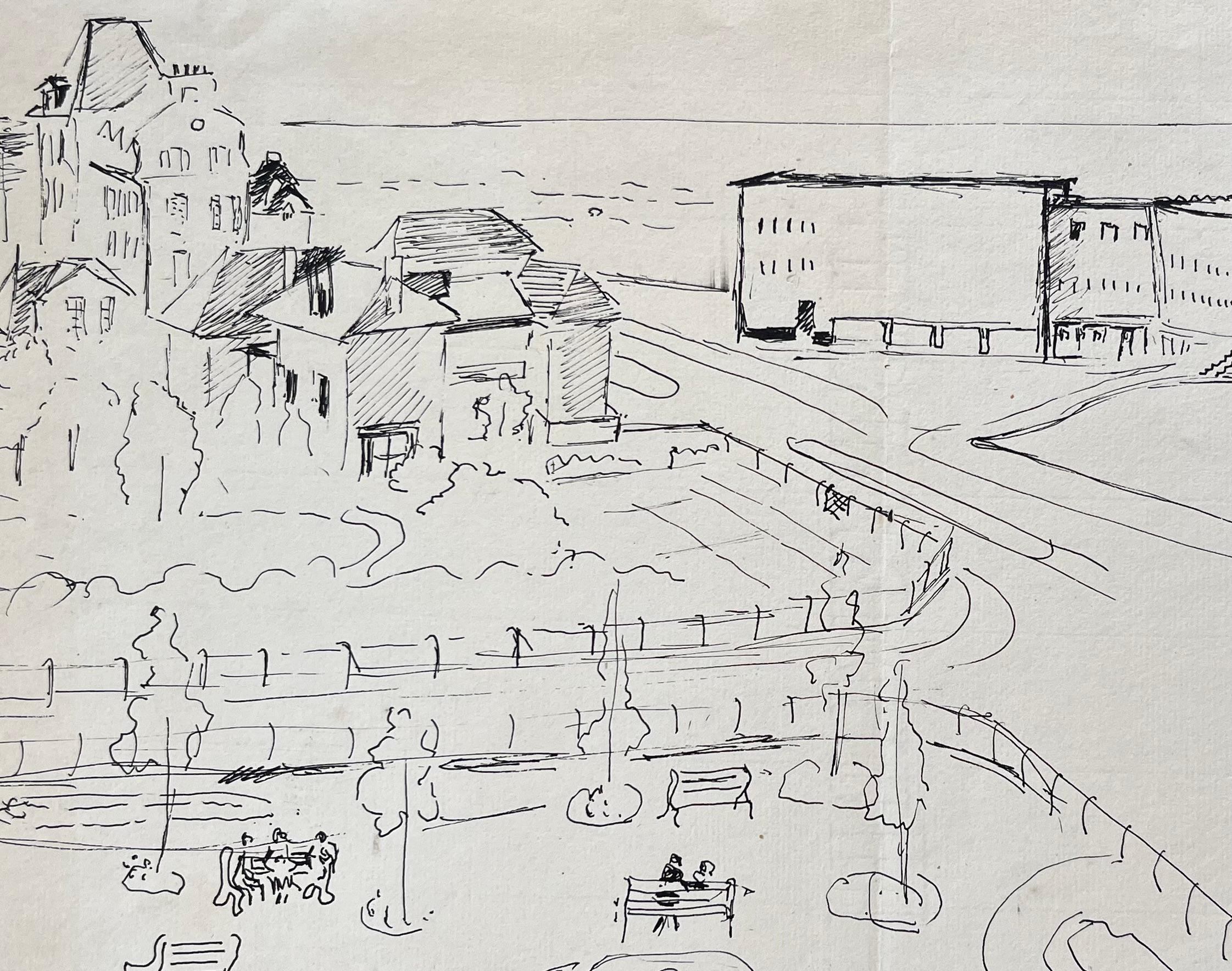 Dibujo en tinta postimpresionista de mediados del siglo XX de un paseo marítimo y un casino franceses en venta 2