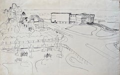 Postimpressionistische Tuschezeichnung der französischen Strandpromenade und des Casinos aus der Mitte des 20.
