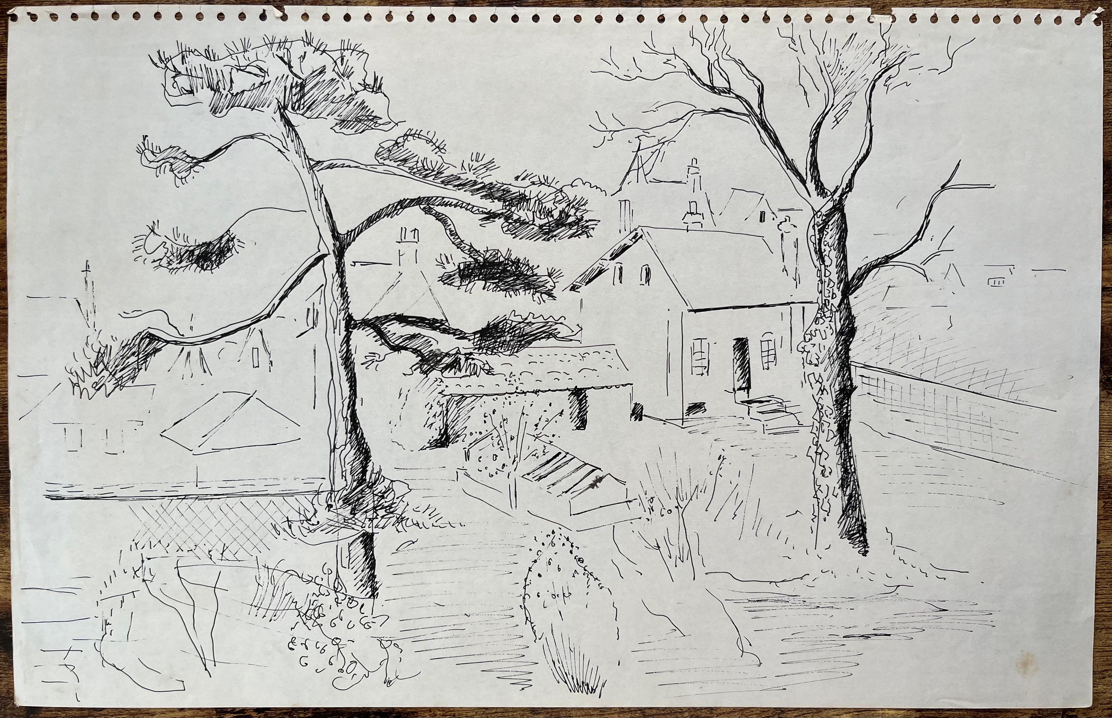 Postimpressionistische Tuschezeichnung von Garten- und Dorfhäusern aus der Mitte des 20. Jahrhunderts – Painting von Anne Marie Migette Perard