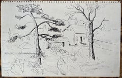 Mid-20th Century Post-Impressionist Ink Drawing of Garden and Village Houses