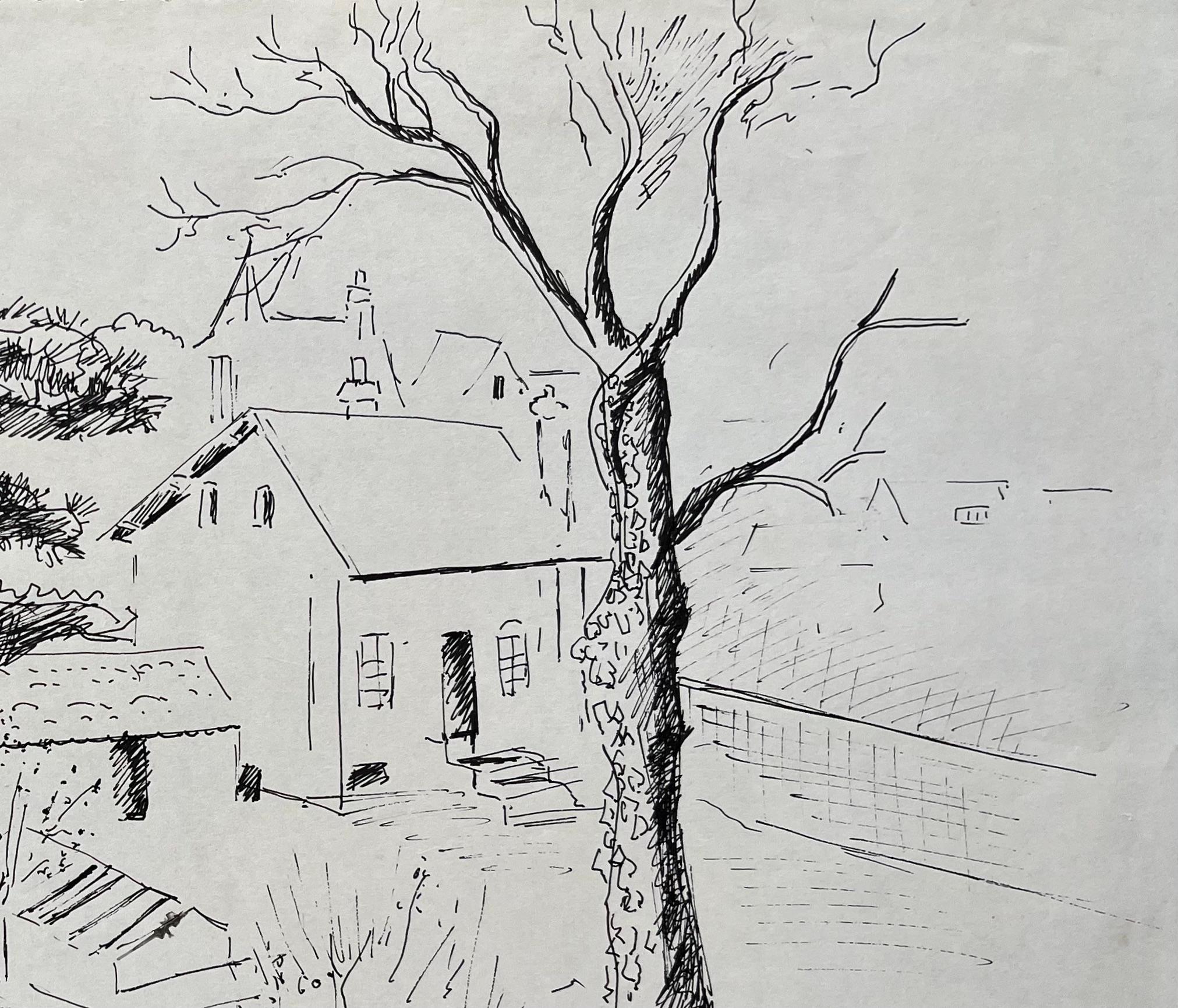 Postimpressionistische Tuschezeichnung von Garten- und Dorfhäusern aus der Mitte des 20. Jahrhunderts (Post-Impressionismus), Painting, von Anne Marie Migette Perard