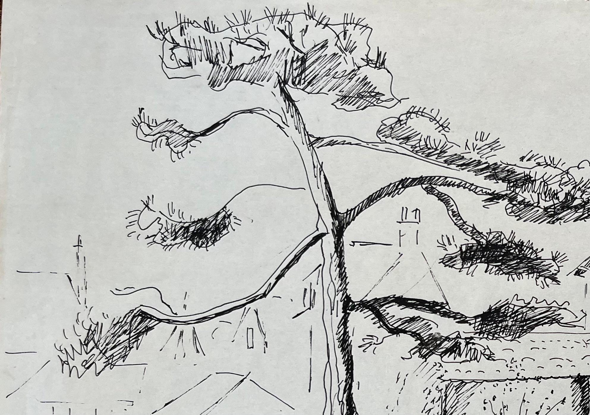 Postimpressionistische Tuschezeichnung von Garten- und Dorfhäusern aus der Mitte des 20. Jahrhunderts (Grau), Landscape Painting, von Anne Marie Migette Perard
