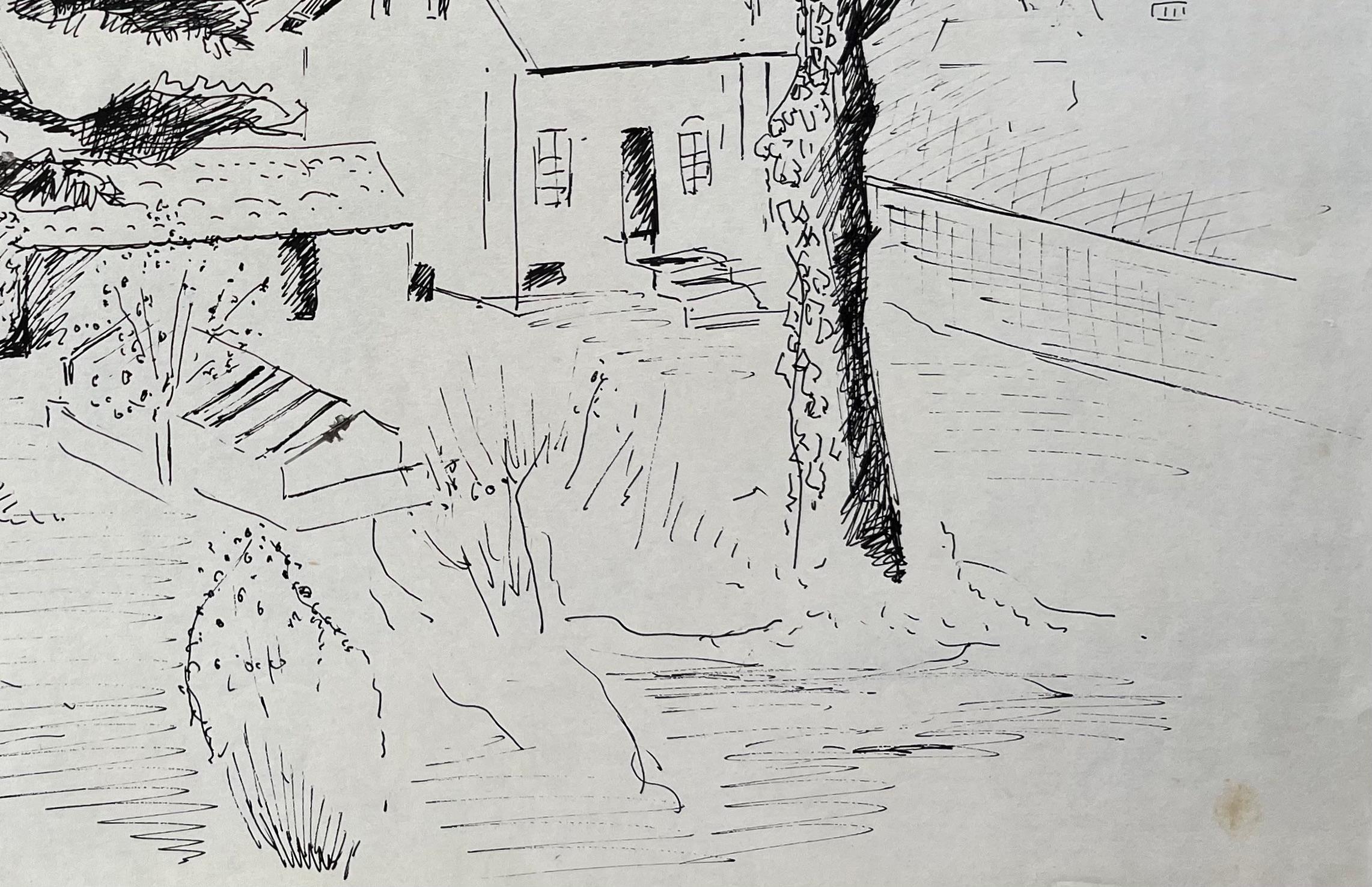 Postimpressionistische Tuschezeichnung von Garten- und Dorfhäusern aus der Mitte des 20. Jahrhunderts im Angebot 1