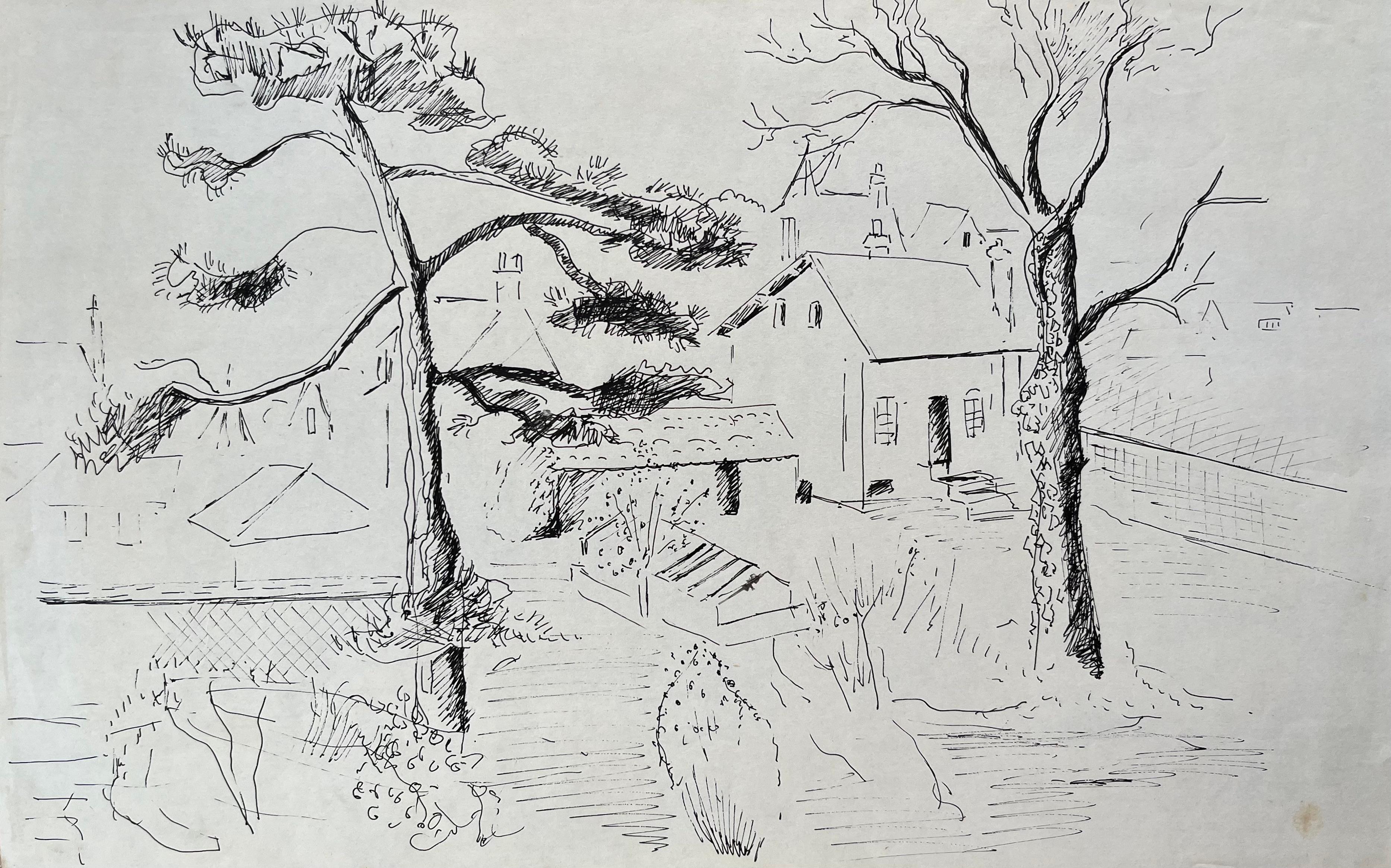 Postimpressionistische Tuschezeichnung von Garten- und Dorfhäusern aus der Mitte des 20. Jahrhunderts