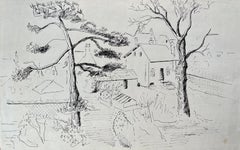 dessin à l'encre post-impressionniste du milieu du 20e siècle représentant des jardins et des maisons de village