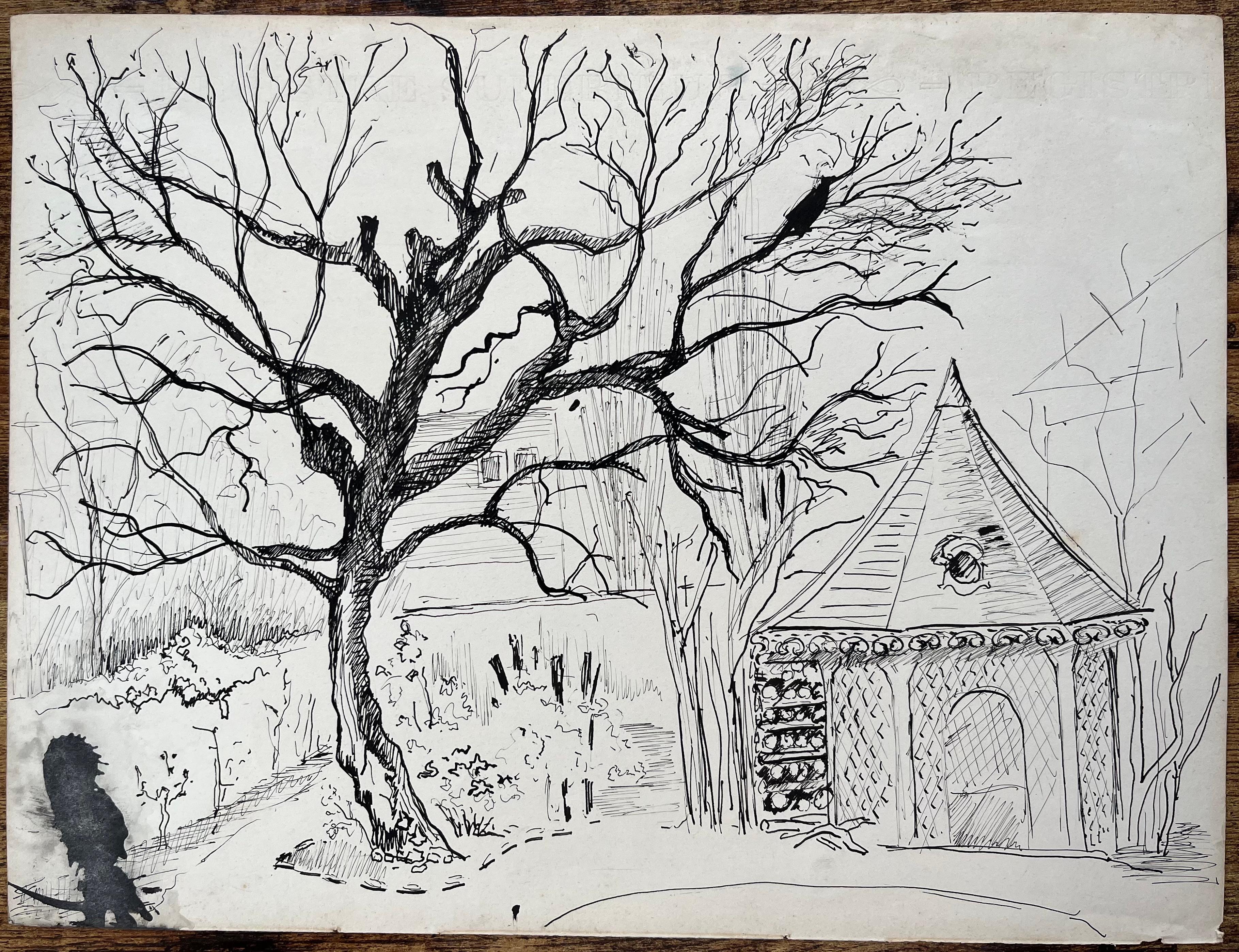 Disegno a inchiostro post-impressionista della metà del XX secolo di un albero e di un padiglione da giardino - Painting di Anne Marie Migette Perard