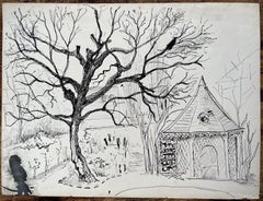 Disegno a inchiostro post-impressionista della metà del XX secolo di un albero e di un padiglione da giardino