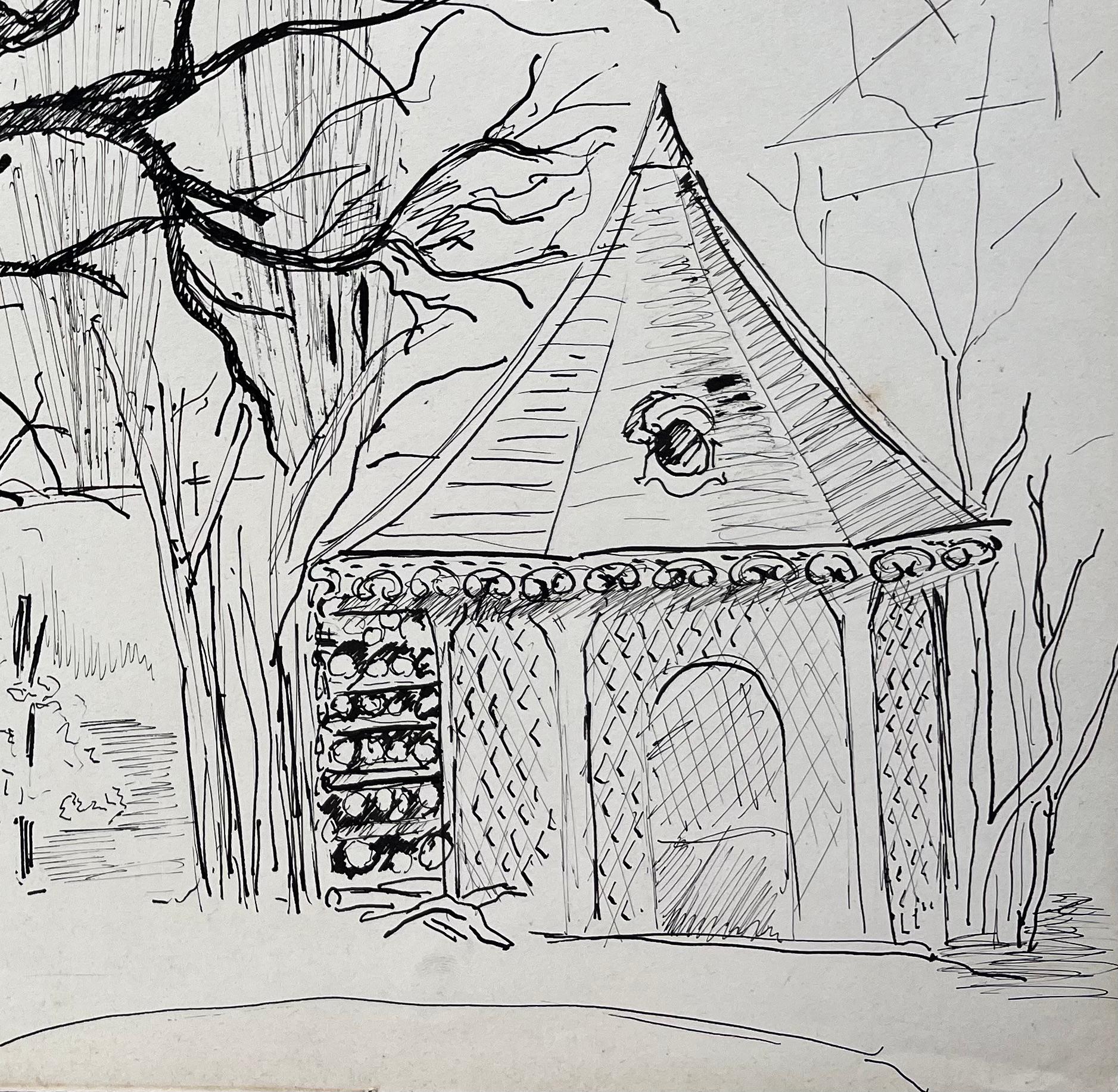 Disegno a inchiostro post-impressionista della metà del XX secolo di un albero e di un padiglione da giardino - Painting Postimpressionismo di Anne Marie Migette Perard
