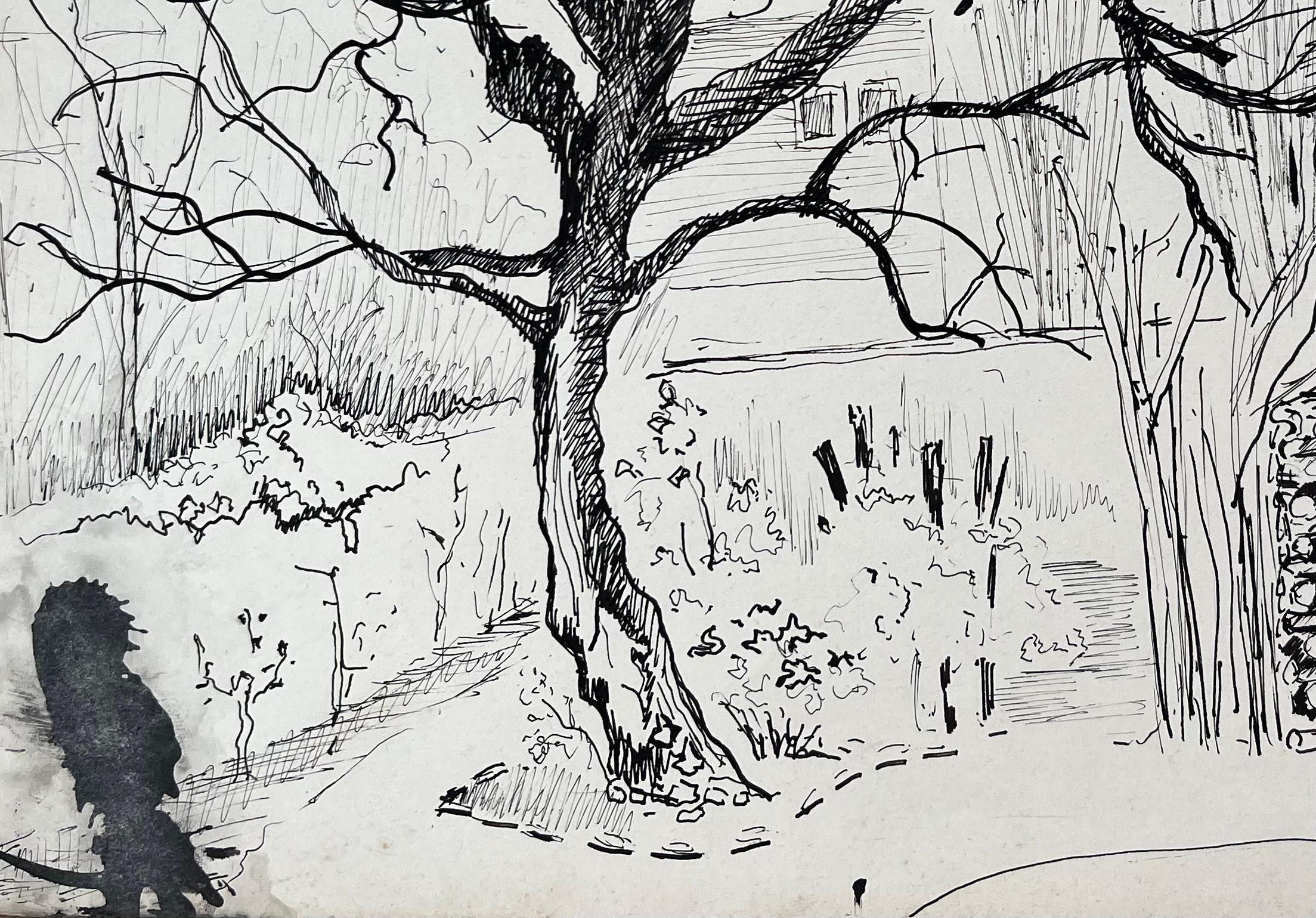 Disegno a inchiostro post-impressionista della metà del XX secolo di un albero e di un padiglione da giardino - Figurative Painting Grigio di Anne Marie Migette Perard
