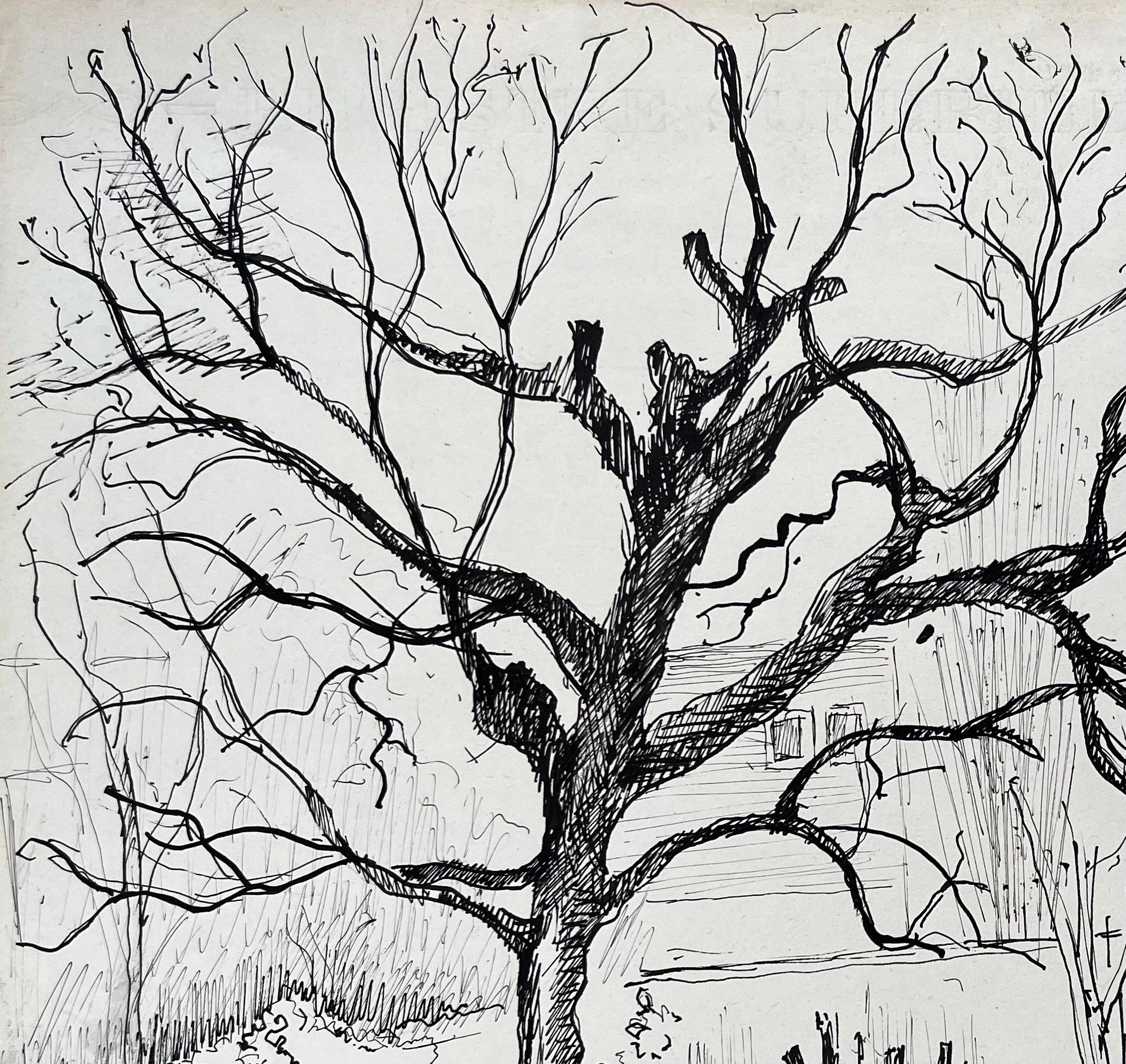 Titolo: Disegno a inchiostro post-impressionista della metà del XX secolo di un albero e di un padiglione da giardino
di Anne Marie Migette Perard (francese, 1902-1977)
Mezzo: Inchiostro su carta non incorniciata
Dimensioni: 10,75 pollici (altezza)