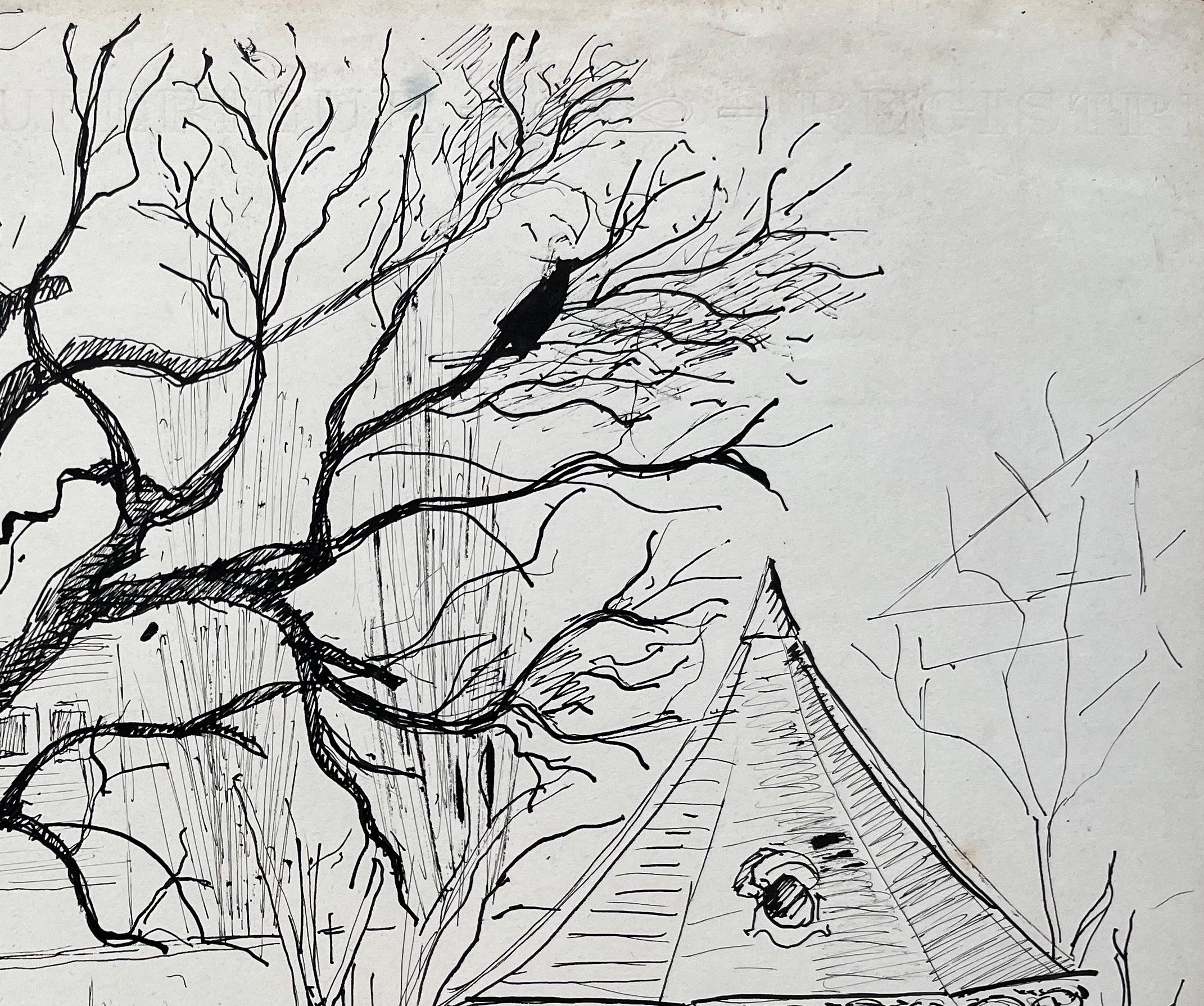 Disegno a inchiostro post-impressionista della metà del XX secolo di un albero e di un padiglione da giardino in vendita 1