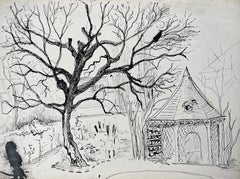Postimpressionistische Tuschezeichnung eines Baum- und Garten Pavillons aus der Mitte des 20. Jahrhunderts
