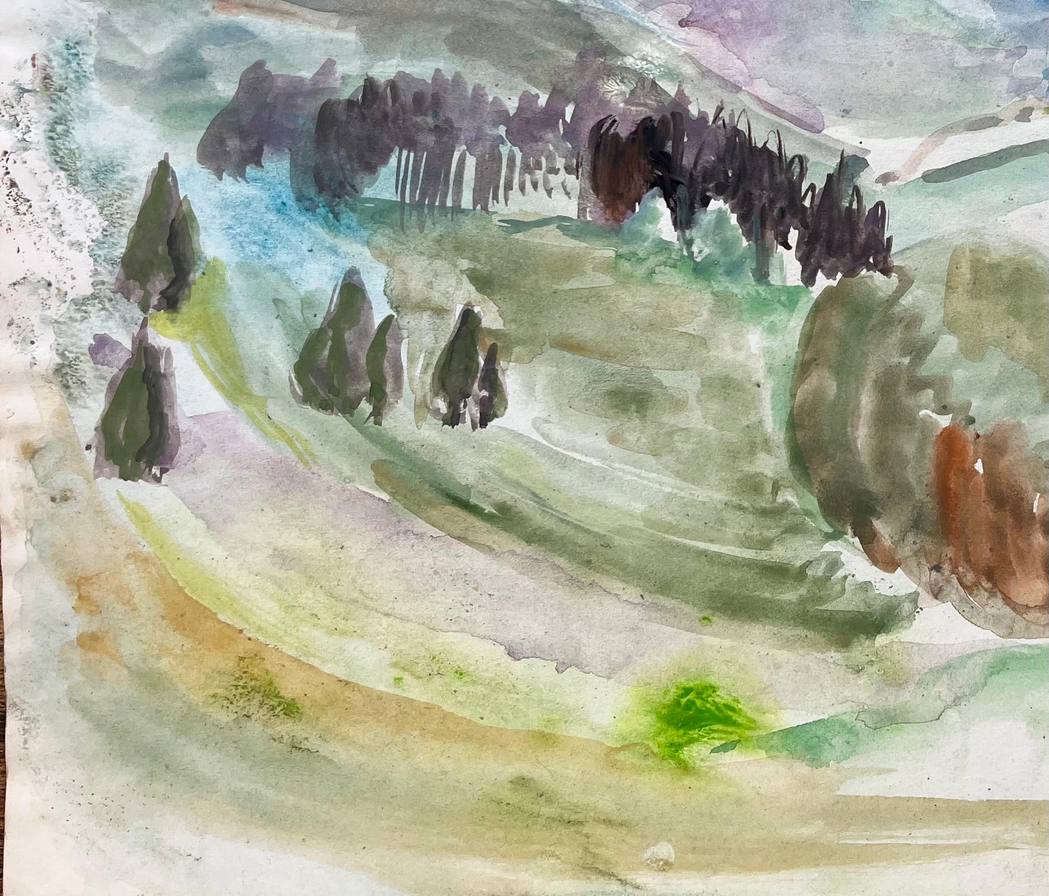 Mid-20th Century Post-Impressionist Mountain Landscape in Watercolour - Gray Landscape Painting by Anne Marie Migette Perard