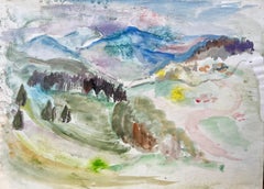 Paisaje montañoso postimpresionista de mediados del siglo XX en acuarela