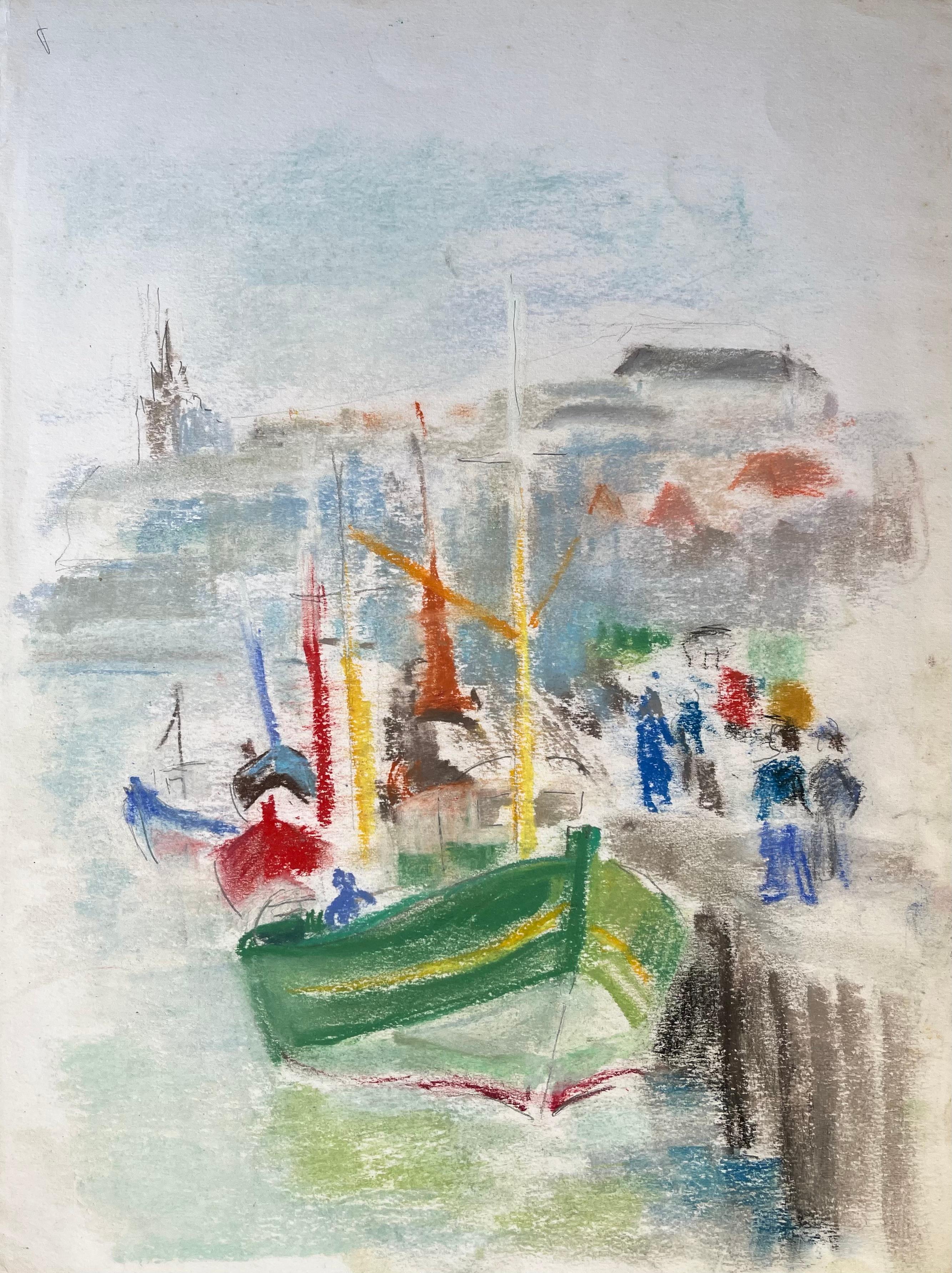 Figurative Painting de Anne Marie Migette Perard - Pastel postimpresionista de mediados del siglo XX de barcos de pesca y multitud en el puerto