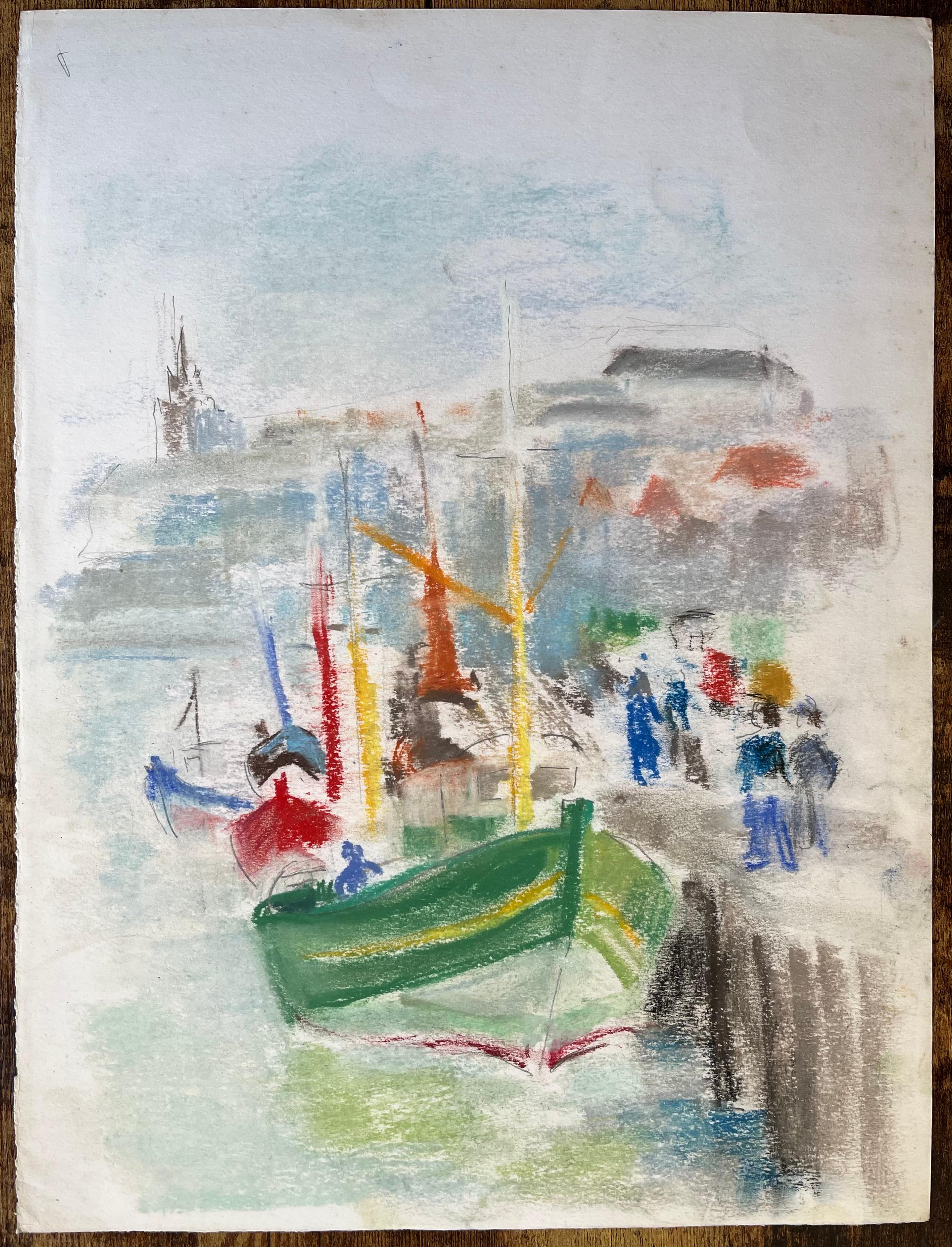 Pastel postimpresionista de mediados del siglo XX de barcos de pesca y multitud en el puerto - Painting de Anne Marie Migette Perard