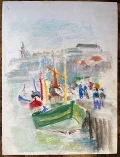 Postimpressionistisches Pastell von Fischerbooten und Hafen Crowd aus der Mitte des 20. Jahrhunderts
