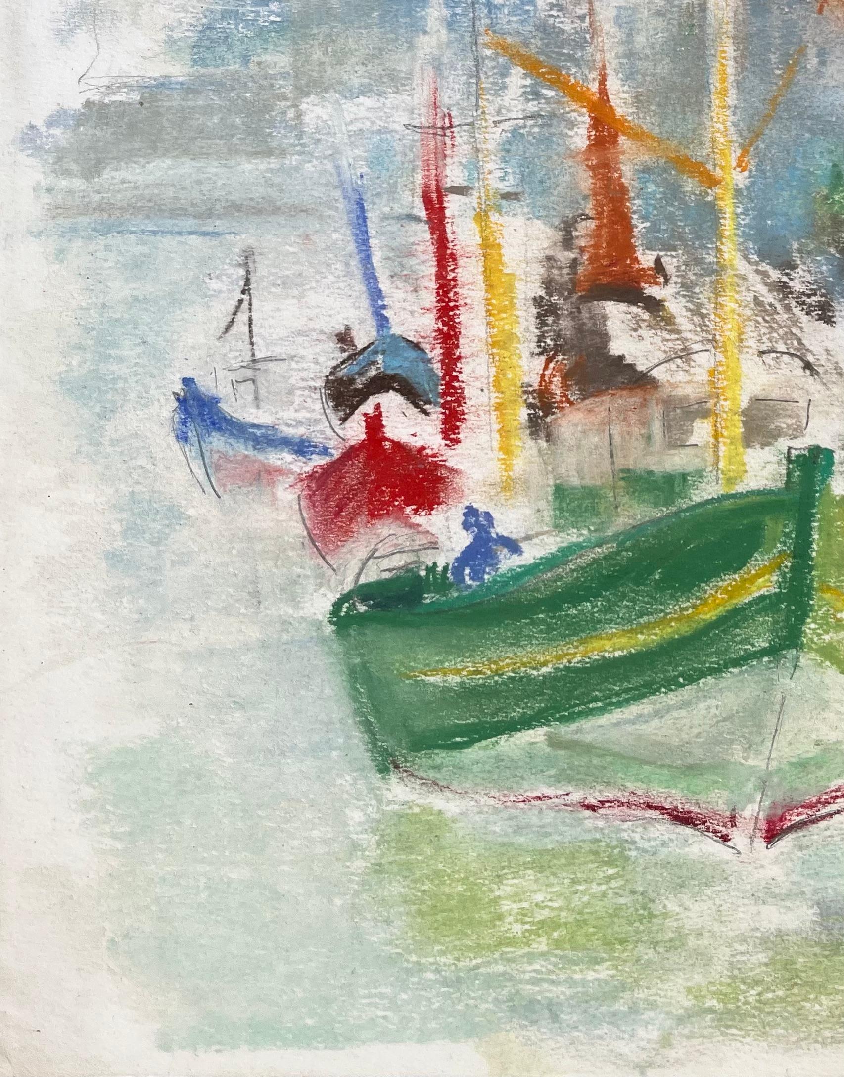 Pastel postimpresionista de mediados del siglo XX de barcos de pesca y multitud en el puerto - Figurative Painting Gris de Anne Marie Migette Perard