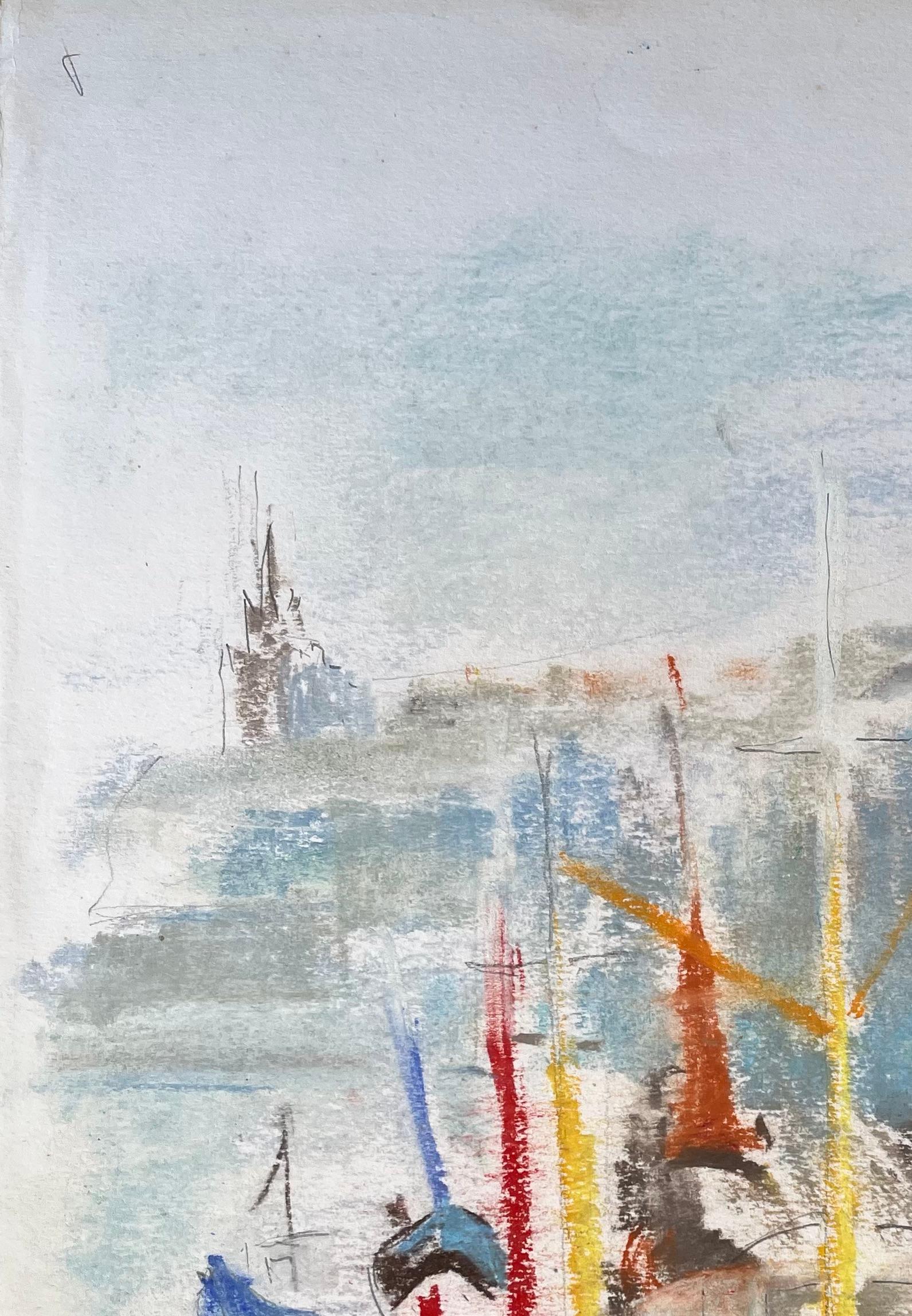 Título:  Pastel postimpresionista de mediados del siglo XX de barcos de pesca y multitud en el puerto
de Anne Marie Migette Perard (francesa 1902-1977)
Soporte: Pastel sobre papel sin enmarcar
Tamaño: 15,75 pulgadas (alto) x 11,75 pulgadas