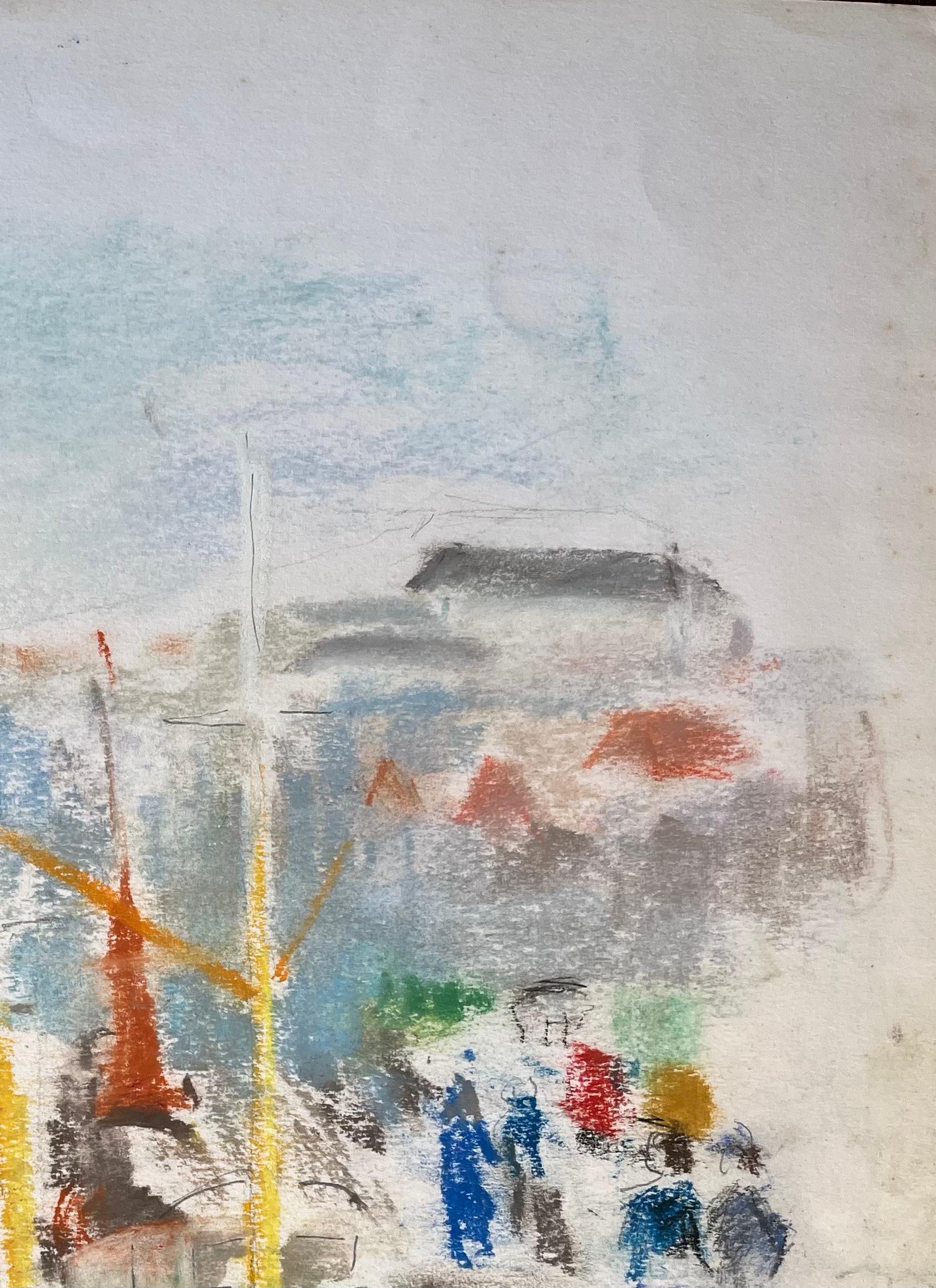 Pastel postimpresionista de mediados del siglo XX de barcos de pesca y multitud en el puerto en venta 1