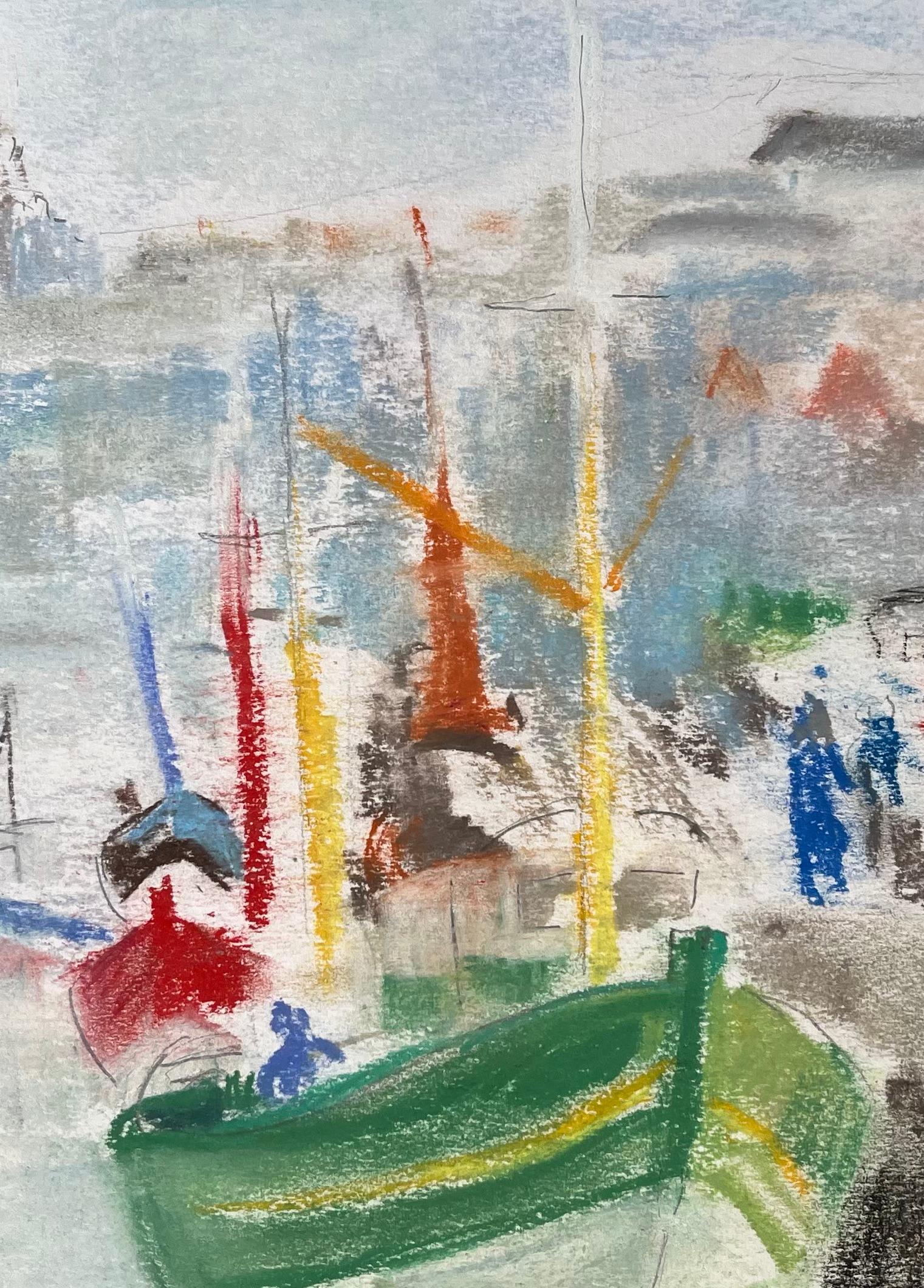 Pastel postimpresionista de mediados del siglo XX de barcos de pesca y multitud en el puerto en venta 2