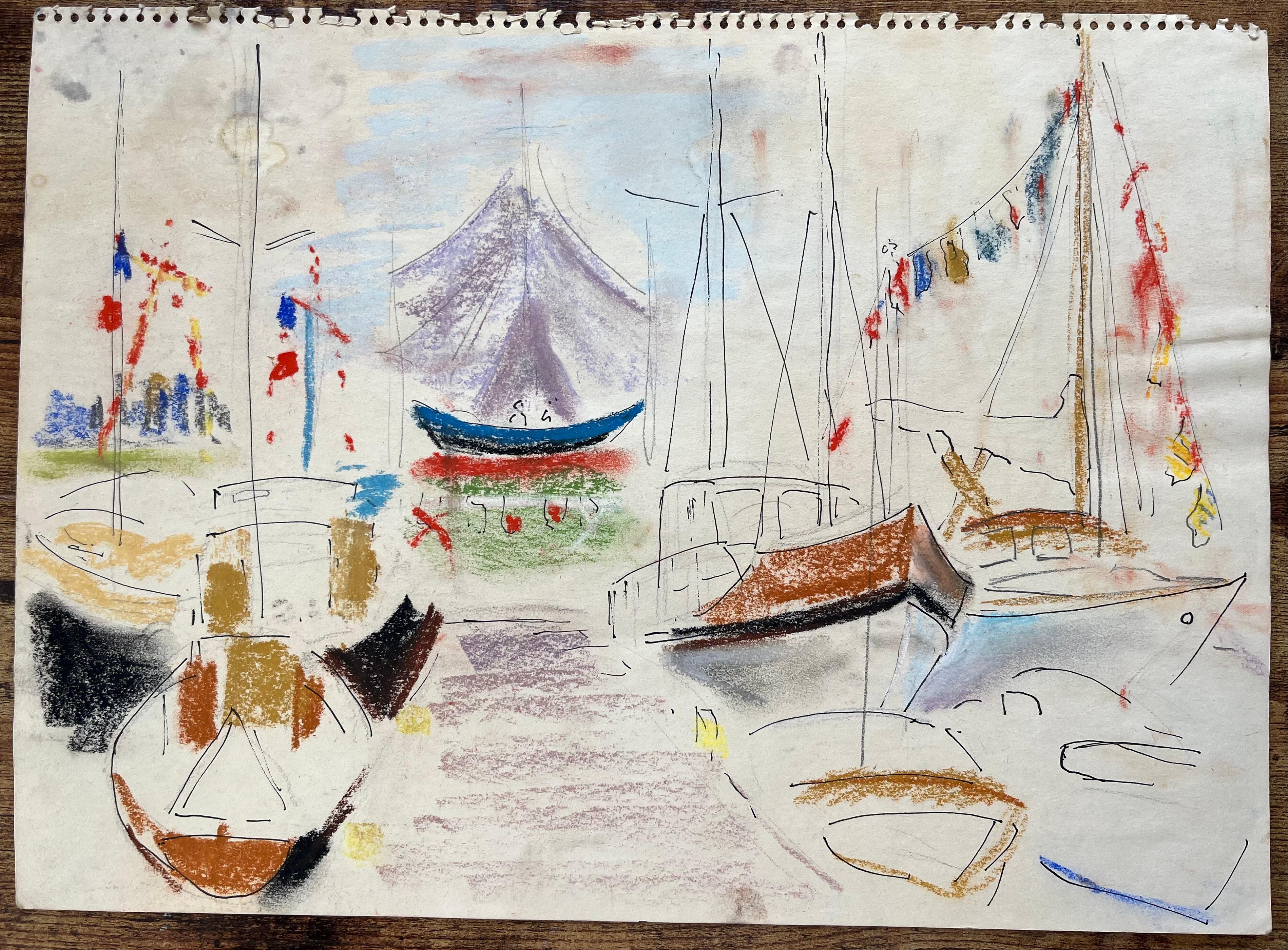 Disegno a pastello post-impressionista della metà del XX secolo di una colorata scena di Marina - Painting di Anne Marie Migette Perard