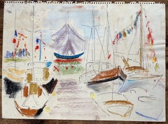 Dibujo al pastel postimpresionista de mediados del siglo XX de una colorida escena marina