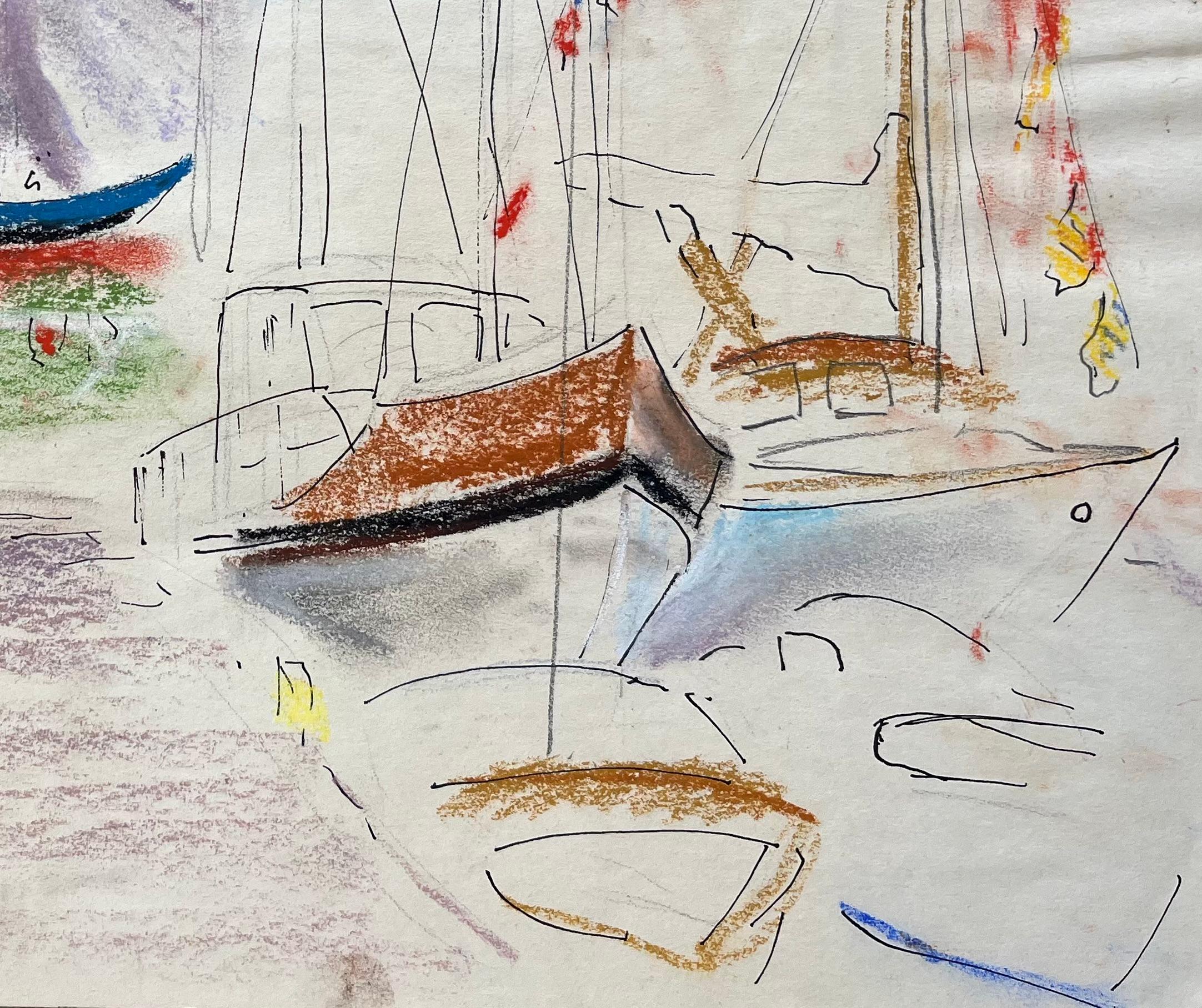Disegno a pastello post-impressionista della metà del XX secolo di una colorata scena di Marina - Painting Postimpressionismo di Anne Marie Migette Perard