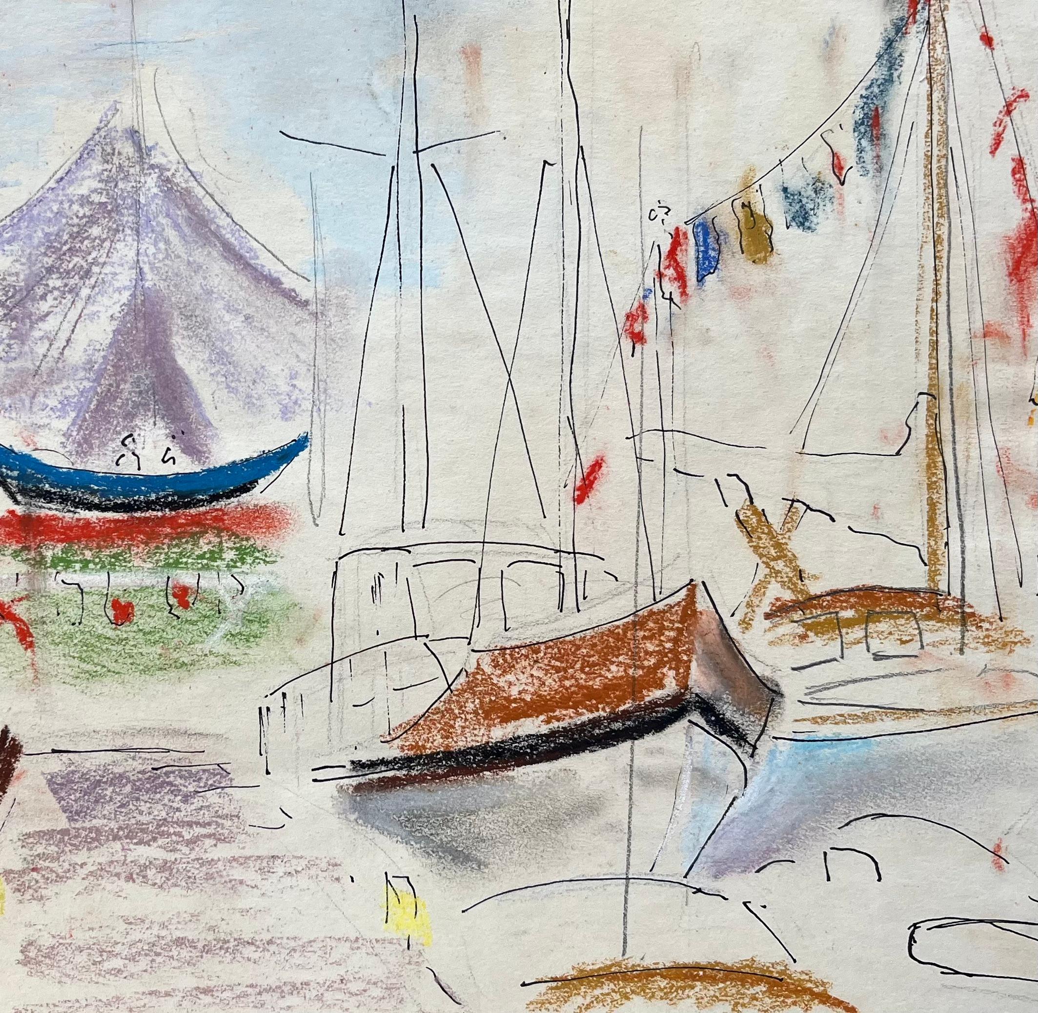 Disegno a pastello post-impressionista della metà del XX secolo di una colorata scena di Marina in vendita 2