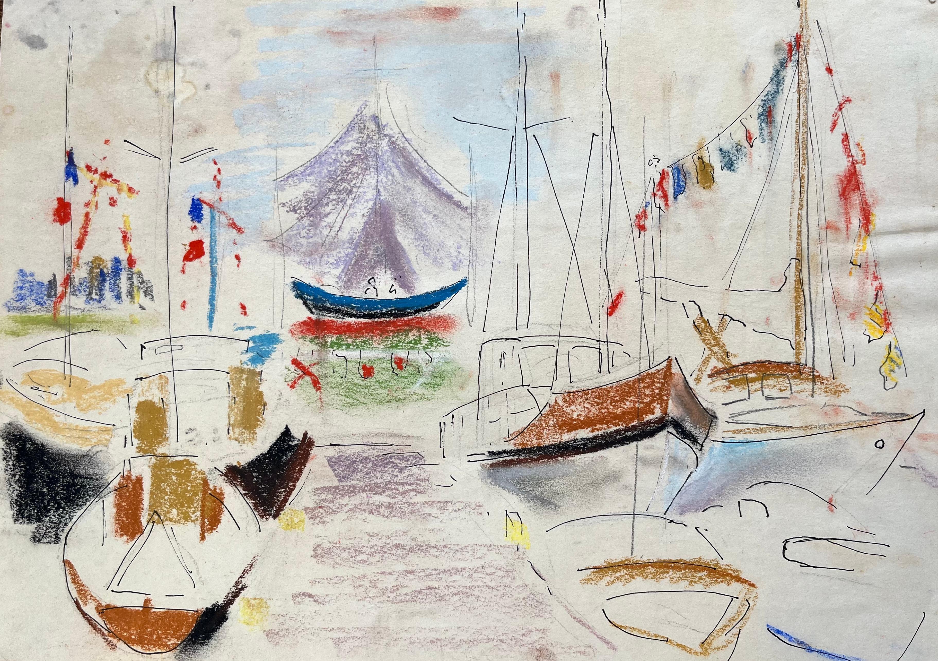 Dibujo al pastel postimpresionista de mediados del siglo XX de una colorida escena marina